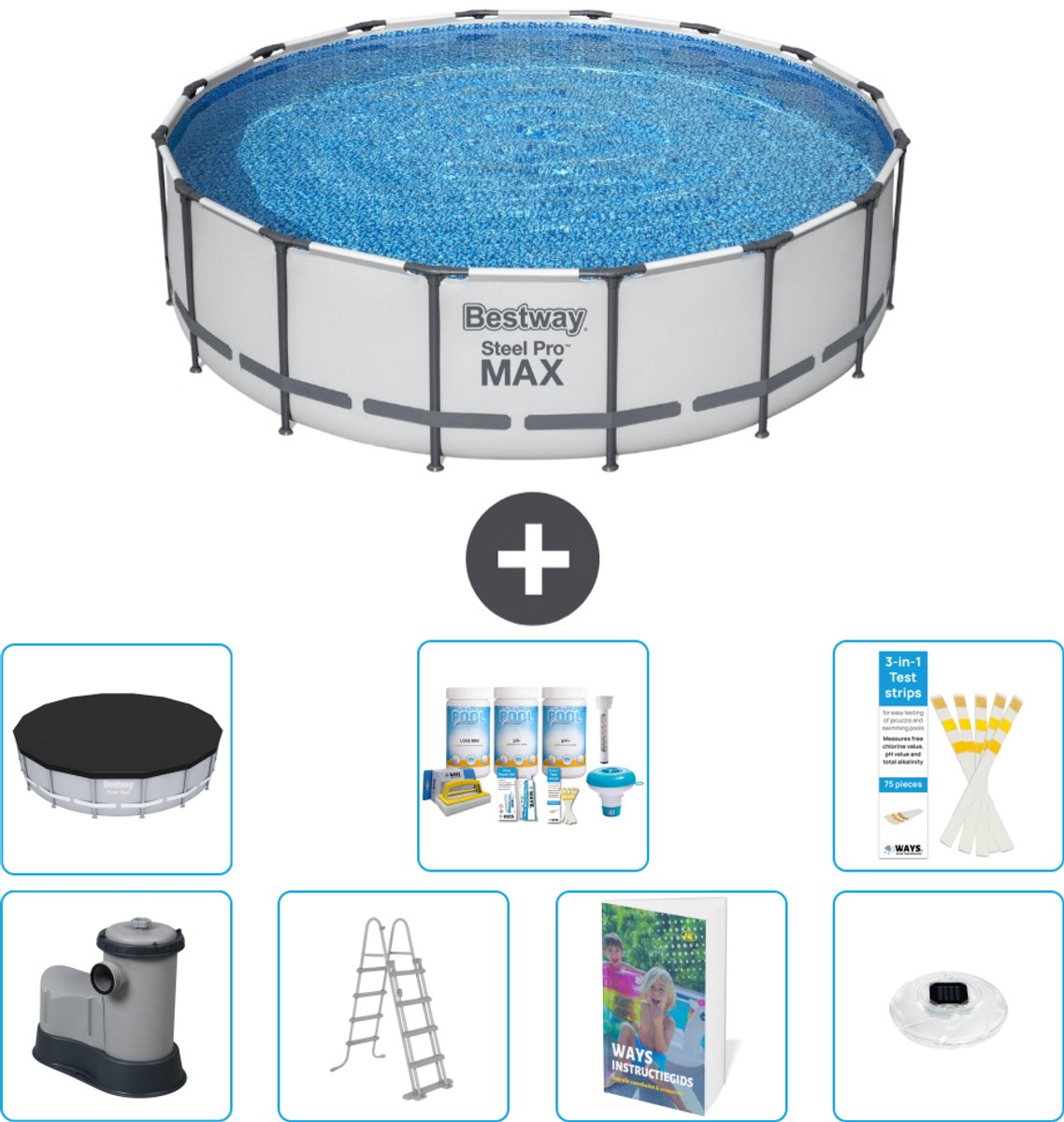 Bestway Rond Steel Pro MAX Zwembad - 488 x 122 cm - Grijs - Inclusief Pomp - Ladder - Afdekzeil - Onderhoudspakket - Verlichting - 8-delig