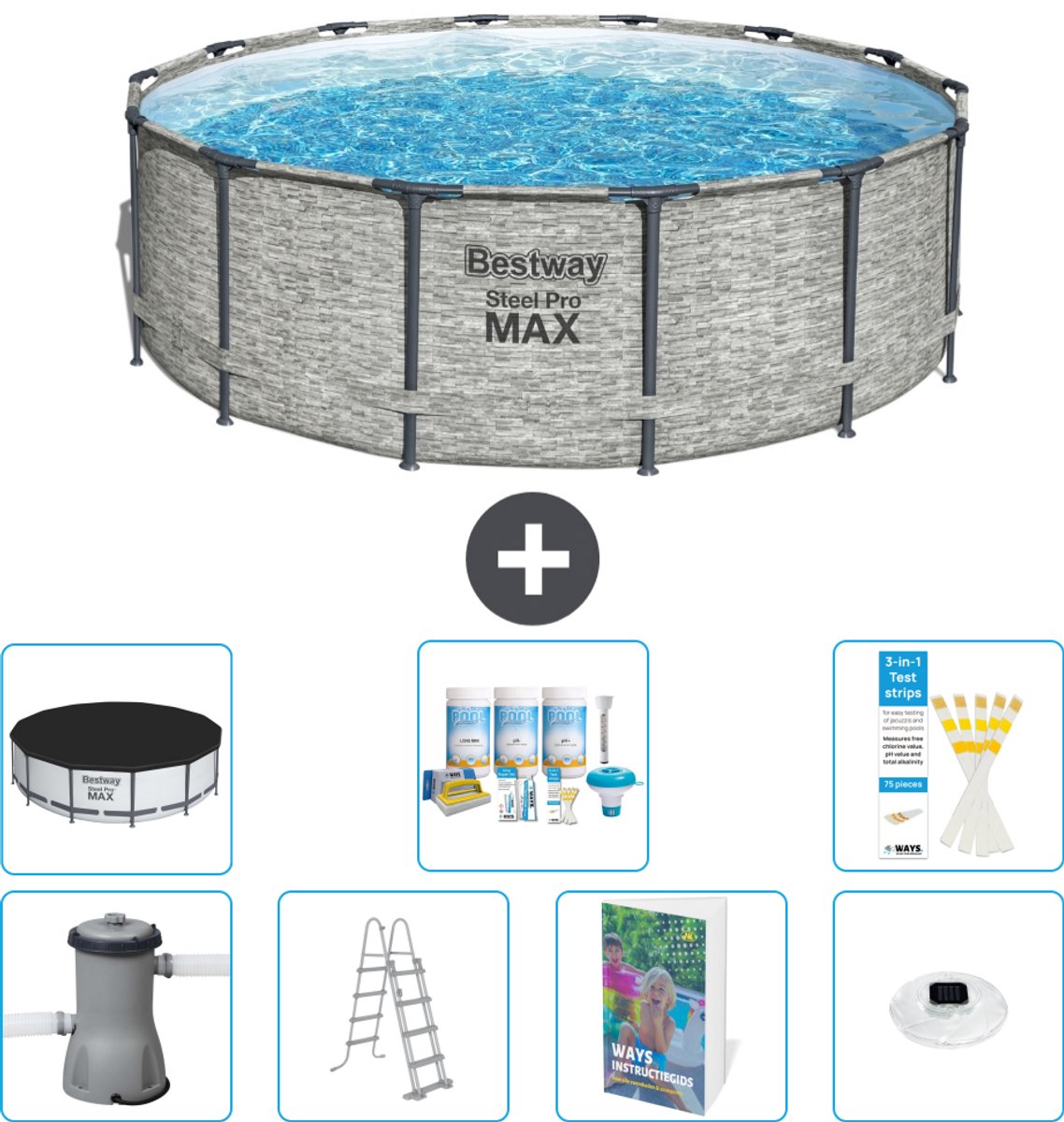 Bestway Rond Steel Pro MAX Zwembad - Steenprint - 427 x 122 cm - Inclusief Pomp - Ladder - Afdekzeil - Onderhoudspakket - Verlichting - 8-delig