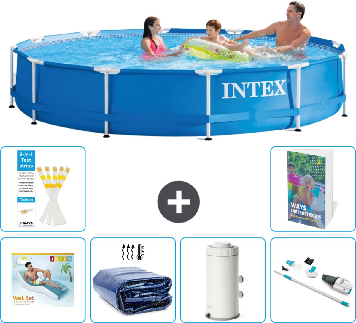 Intex Rond Frame Zwembad - 366 x 76 cm - Blauw - Inclusief Loungebed - Solarzeil - Zwembadfilterpomp - Stofzuiger - 7-delig