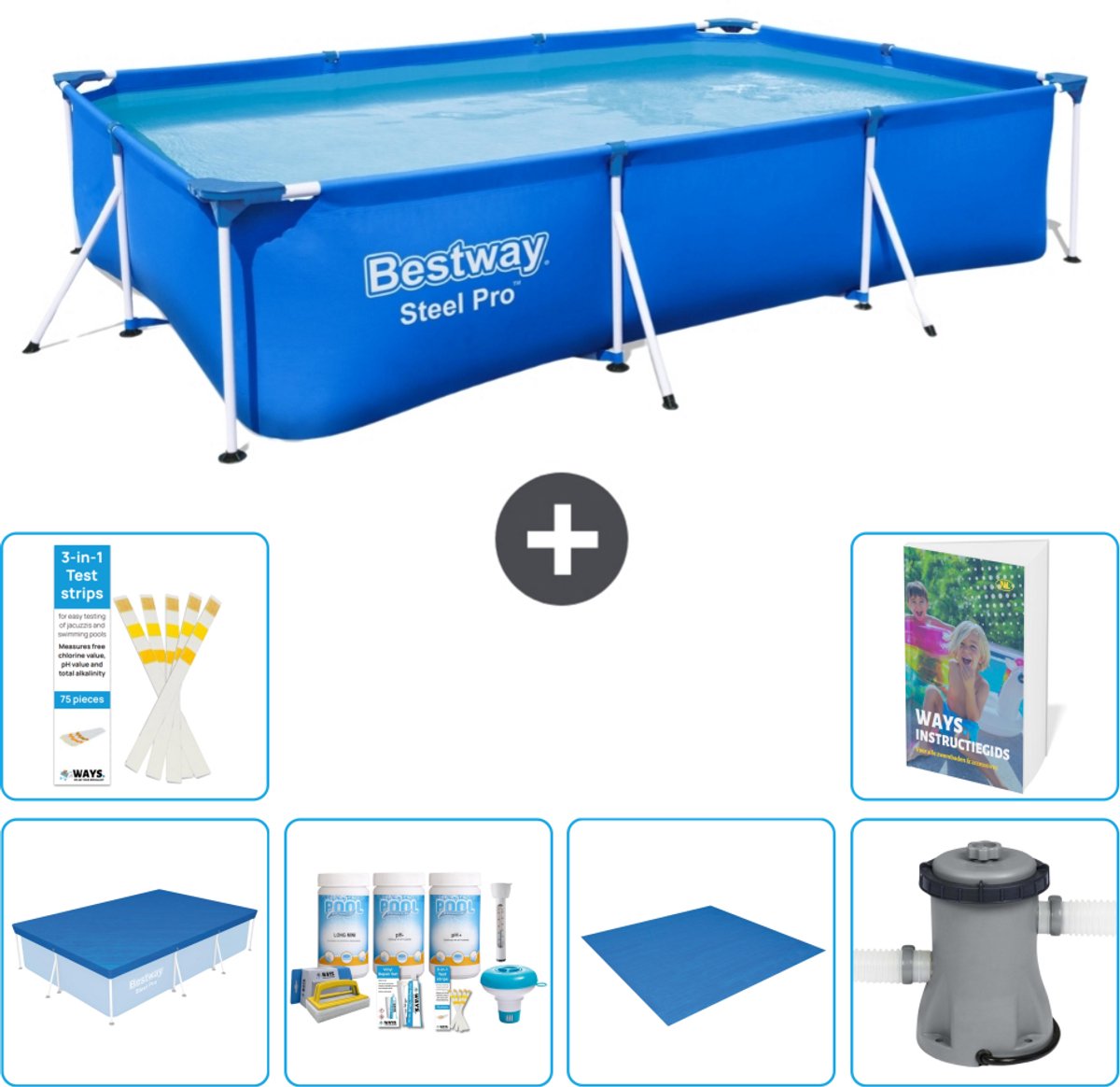 Bestway Rechthoekig Steel Pro Zwembad - 300 x 201 x 66 cm - Blauw - Inclusief Afdekzeil - Onderhoudspakket - Grondzeil - Zwembadfilterpomp - 7-delig