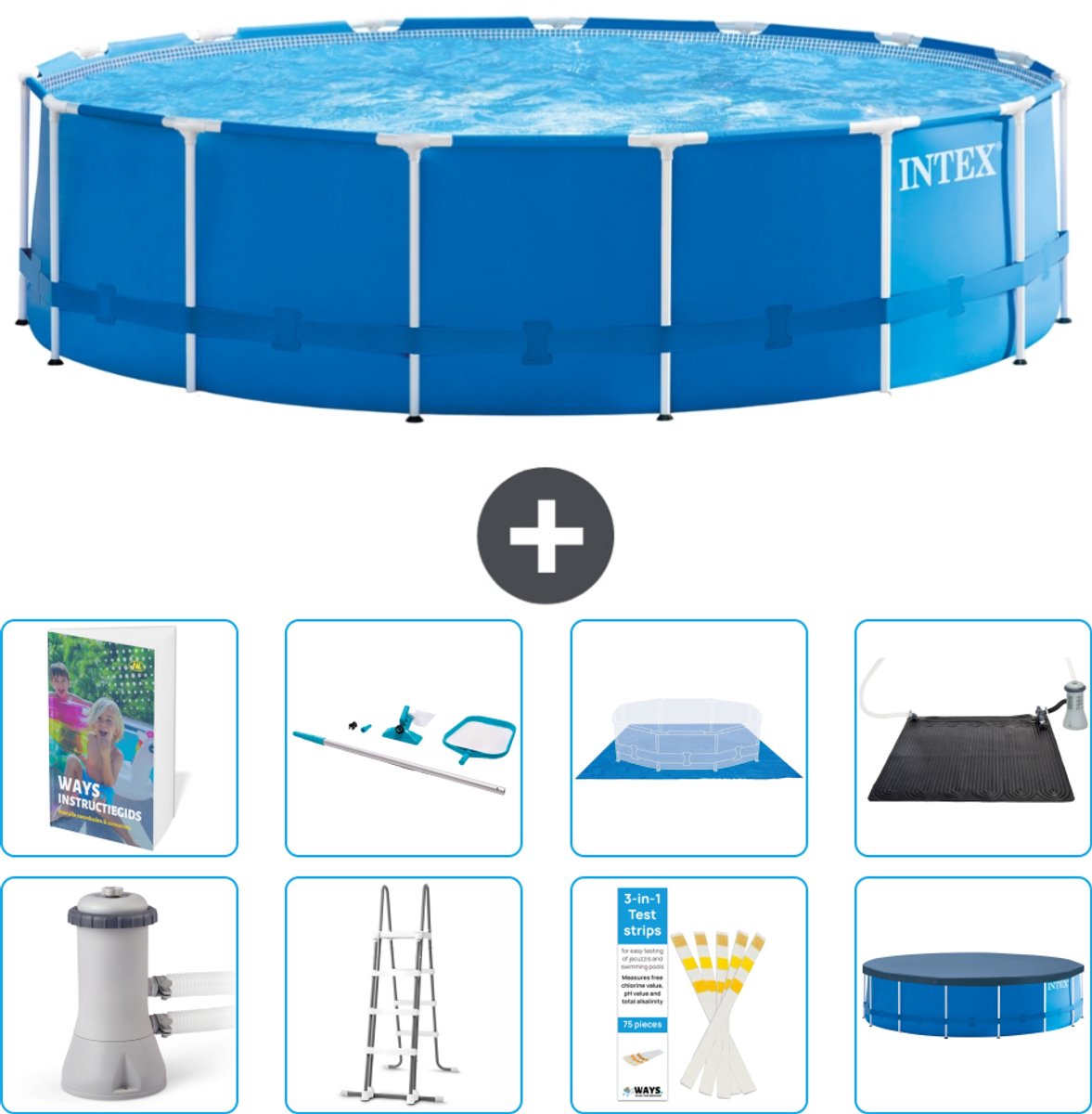 Intex Rond Frame Zwembad - 457 x 122 cm - Blauw - Inclusief Pomp - Ladder - Grondzeil - Afdekzeil - Schoonmaakset - Solar Mat - 9-delig