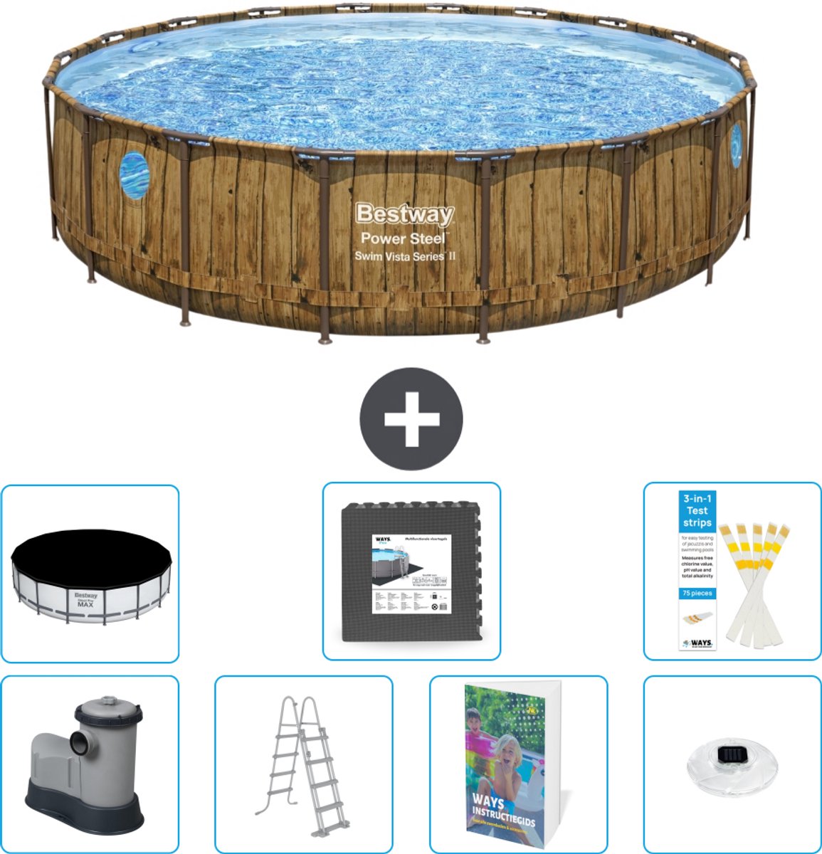 Bestway Rond Power Steel Swim Vista Zwembad - Houtprint - 549 x 122 - Inclusief Pomp - Ladder - Afdekzeil - Vloertegels - Verlichting - 8-delig