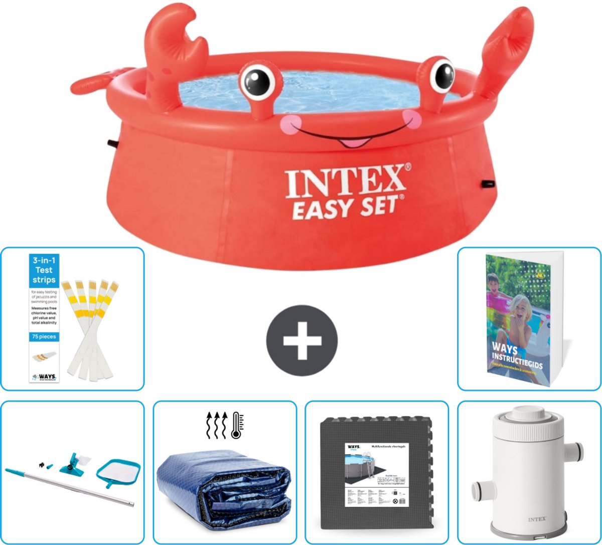 Intex Rond Opblaasbaar Easy Set Zwembad - 183 x 51 cm - Rood - Krab - Inclusief Schoonmaakset - Solarzeil - Vloertegels - Zwembadfilterpomp - 7-delig