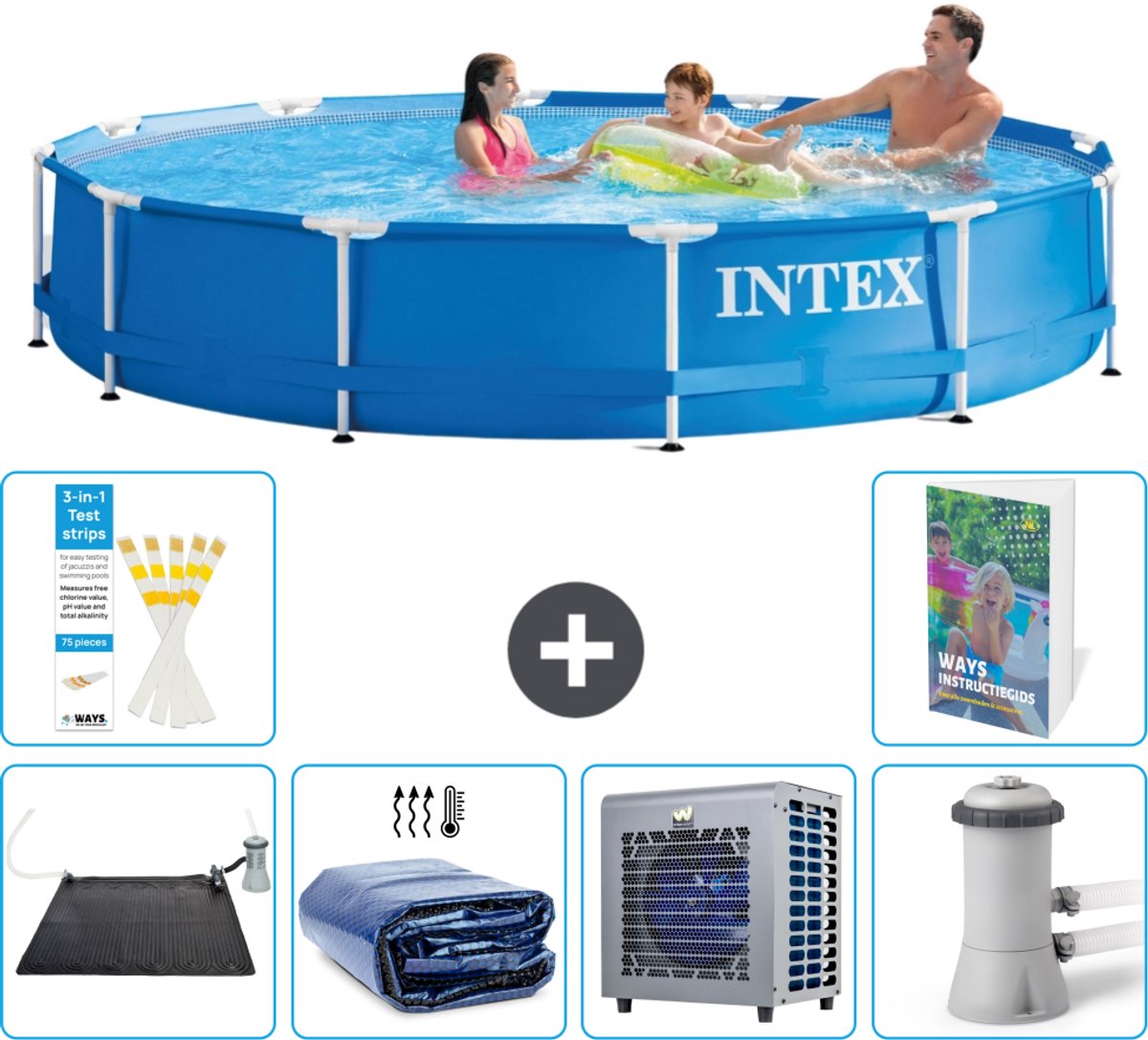 Intex Rond Frame Zwembad - 366 x 76 cm - Blauw - Inclusief Solar Mat - Solarzeil - Warmtepomp - Zwembadfilterpomp - 7-delig