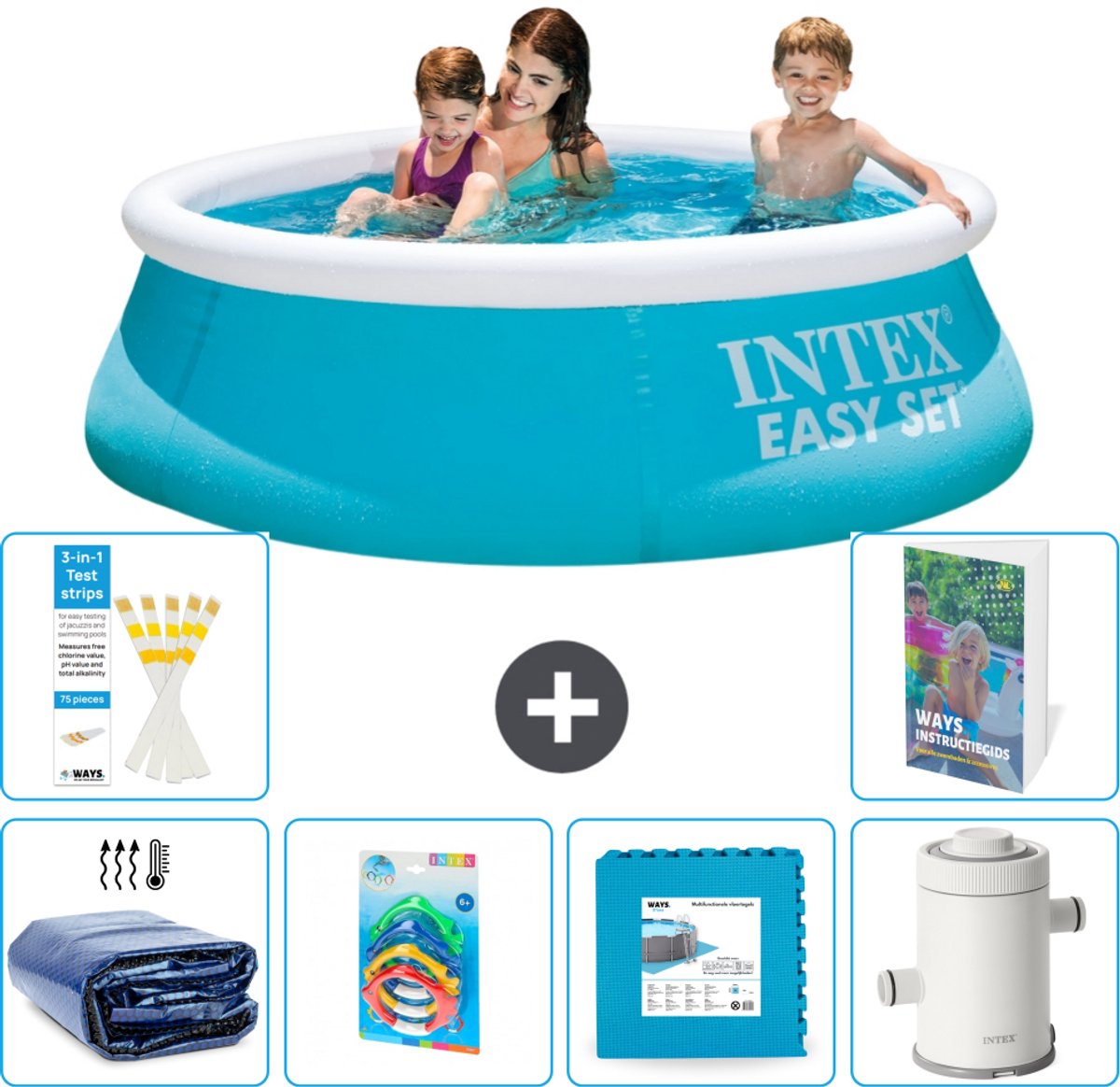 Intex Rond Opblaasbaar Easy Set Zwembad - 183 x 51 cm - Blauw - Inclusief Solarzeil - Speelgoed - Vloertegels - Zwembadfilterpomp - 7-delig