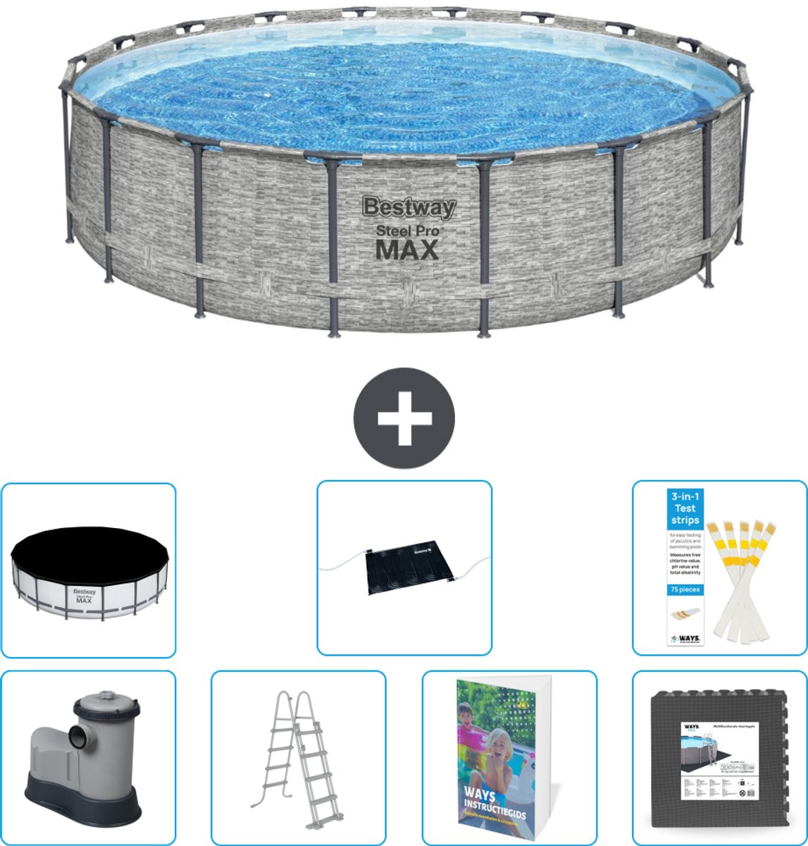 Bestway Rond Steel Pro MAX Zwembad - Steenprint - 549 x 122 - Inclusief Pomp - Ladder - Afdekzeil - Solar Mat - Vloertegels - 8-delig
