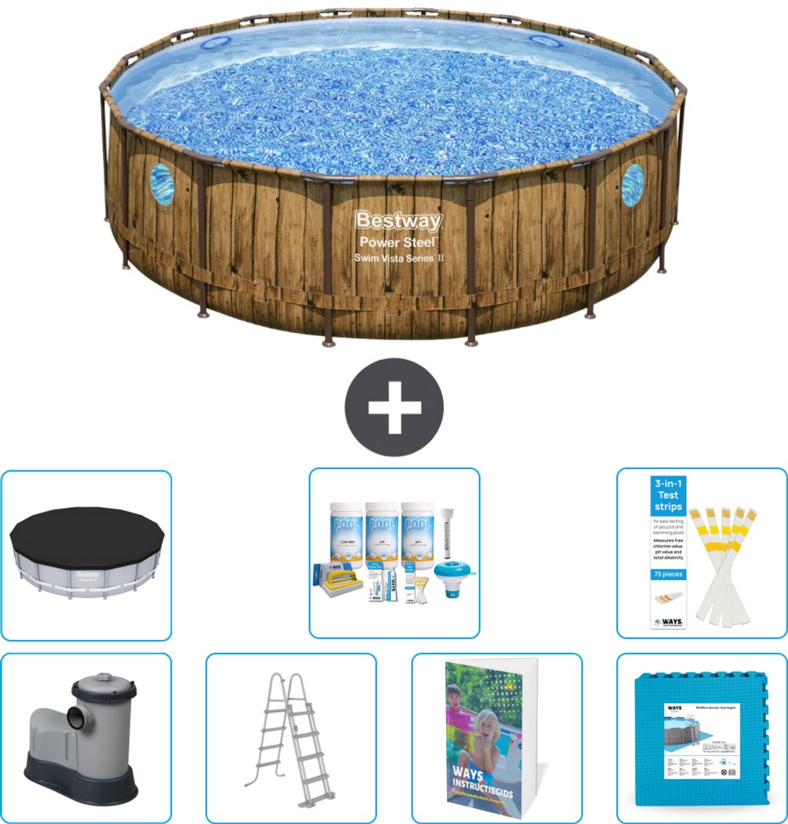 Bestway Rond Power Steel Swim Vista Zwembad - Houtprint - 488 x 122 - Inclusief Pomp - Ladder - Afdekzeil - Onderhoudspakket - Vloertegels - 8-delig