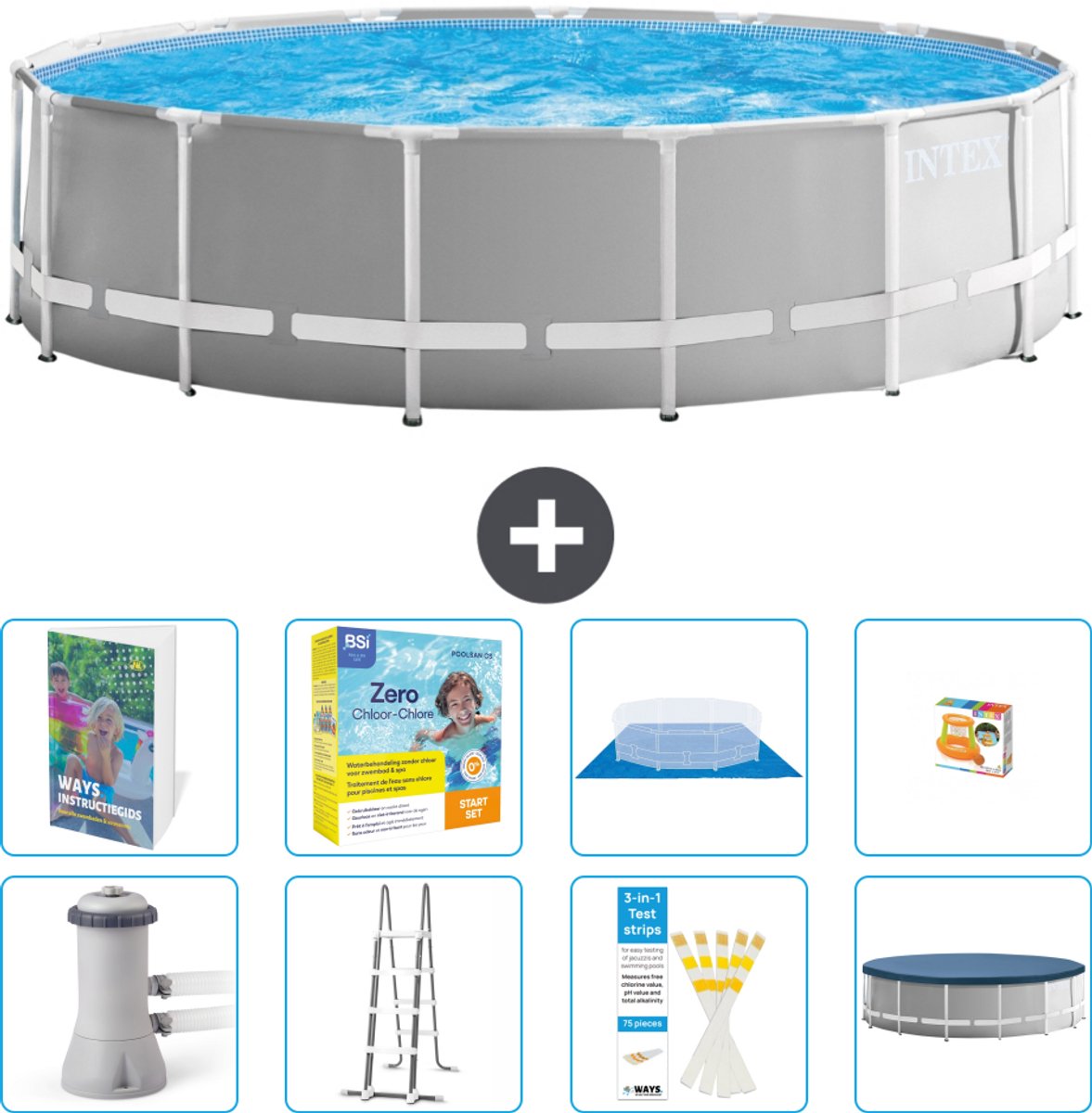 Intex Rond Prism Frame Zwembad - 457 x 122 cm - Grijs - Inclusief Pomp - Ladder - Grondzeil - Afdekzeil - Onderhoudspakket - Speelgoed - 9-delig