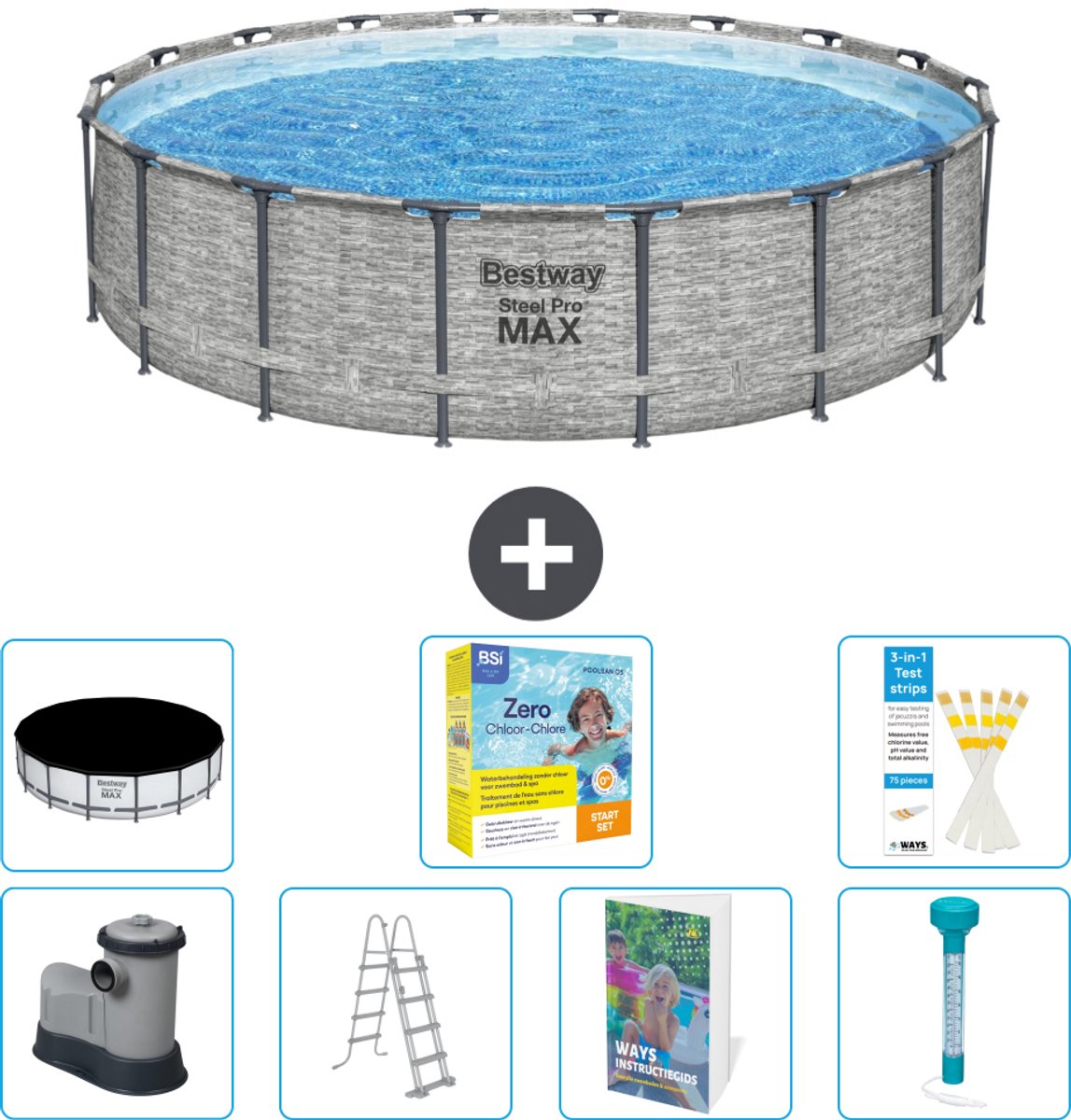 Bestway Rond Steel Pro MAX Zwembad - Steenprint - 549 x 122 - Inclusief Pomp - Ladder - Afdekzeil - Onderhoudspakket - Thermometer - 8-delig