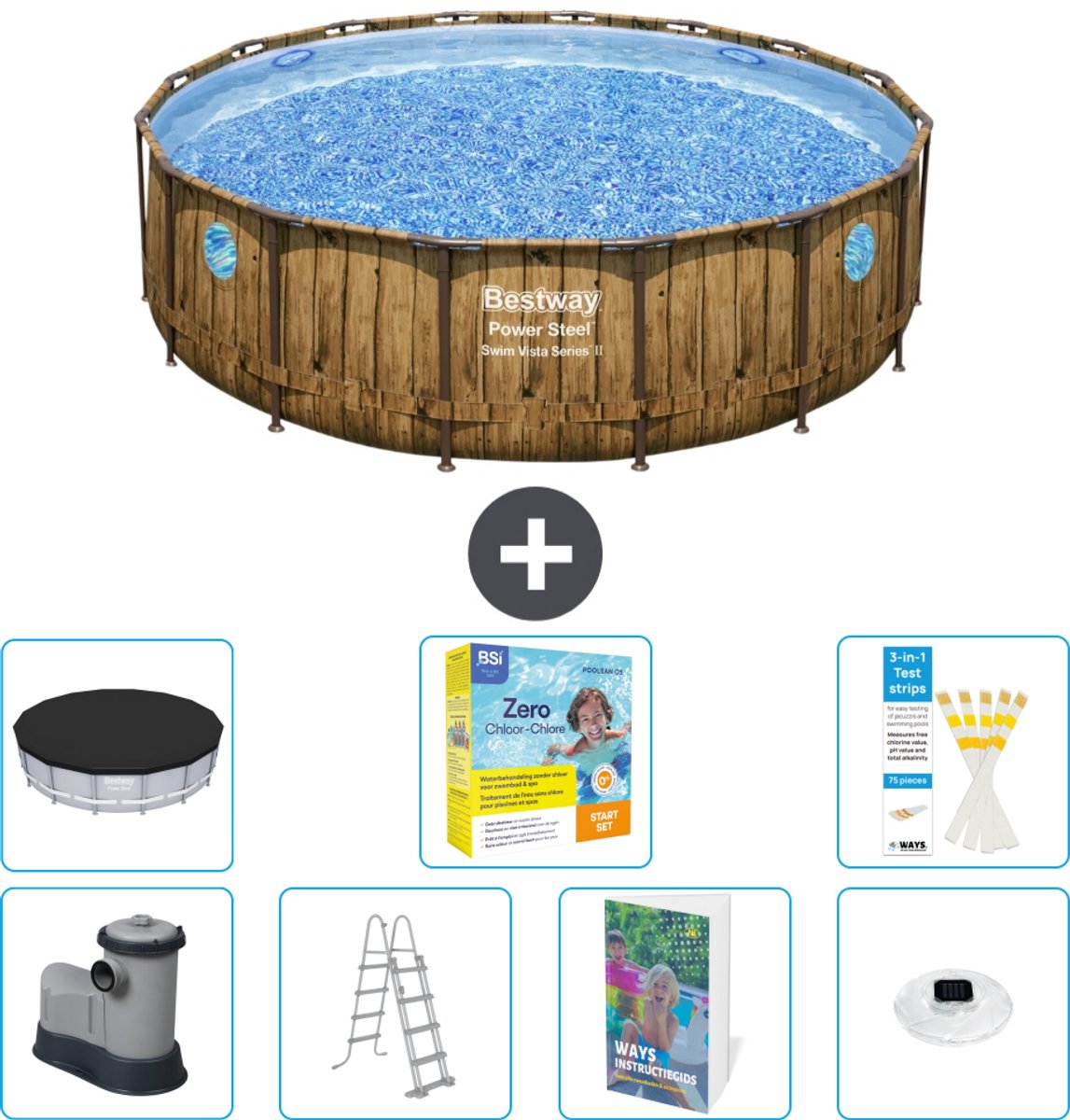 Bestway Rond Power Steel Swim Vista Zwembad - Houtprint - 488 x 122 - Inclusief Pomp - Ladder - Afdekzeil - Onderhoudspakket - Verlichting - 8-delig