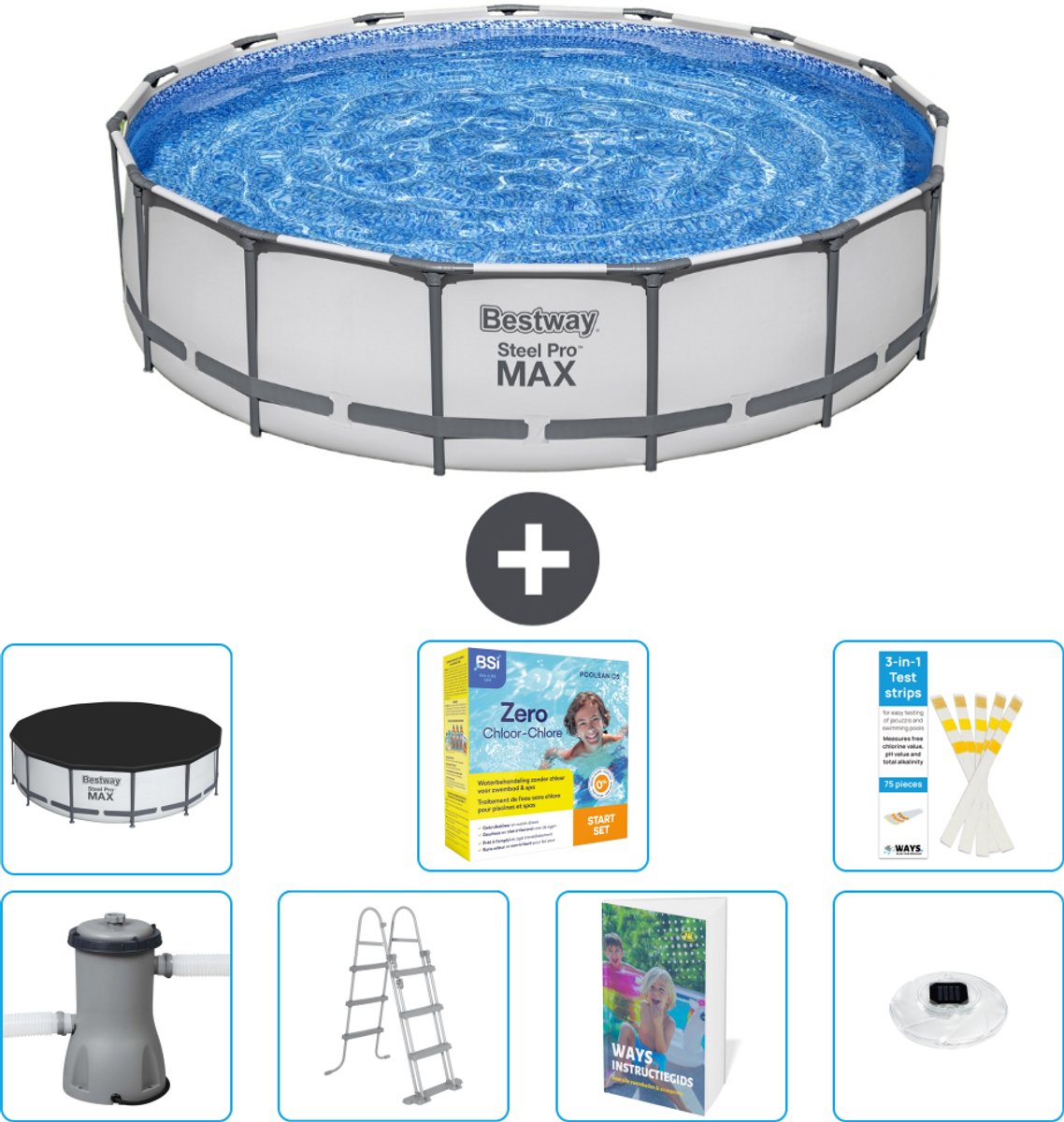 Bestway Rond Steel Pro MAX Zwembad - 457 x 107 cm - Grijs - Inclusief Pomp - Ladder - Afdekzeil - Onderhoudspakket - Verlichting - 8-delig