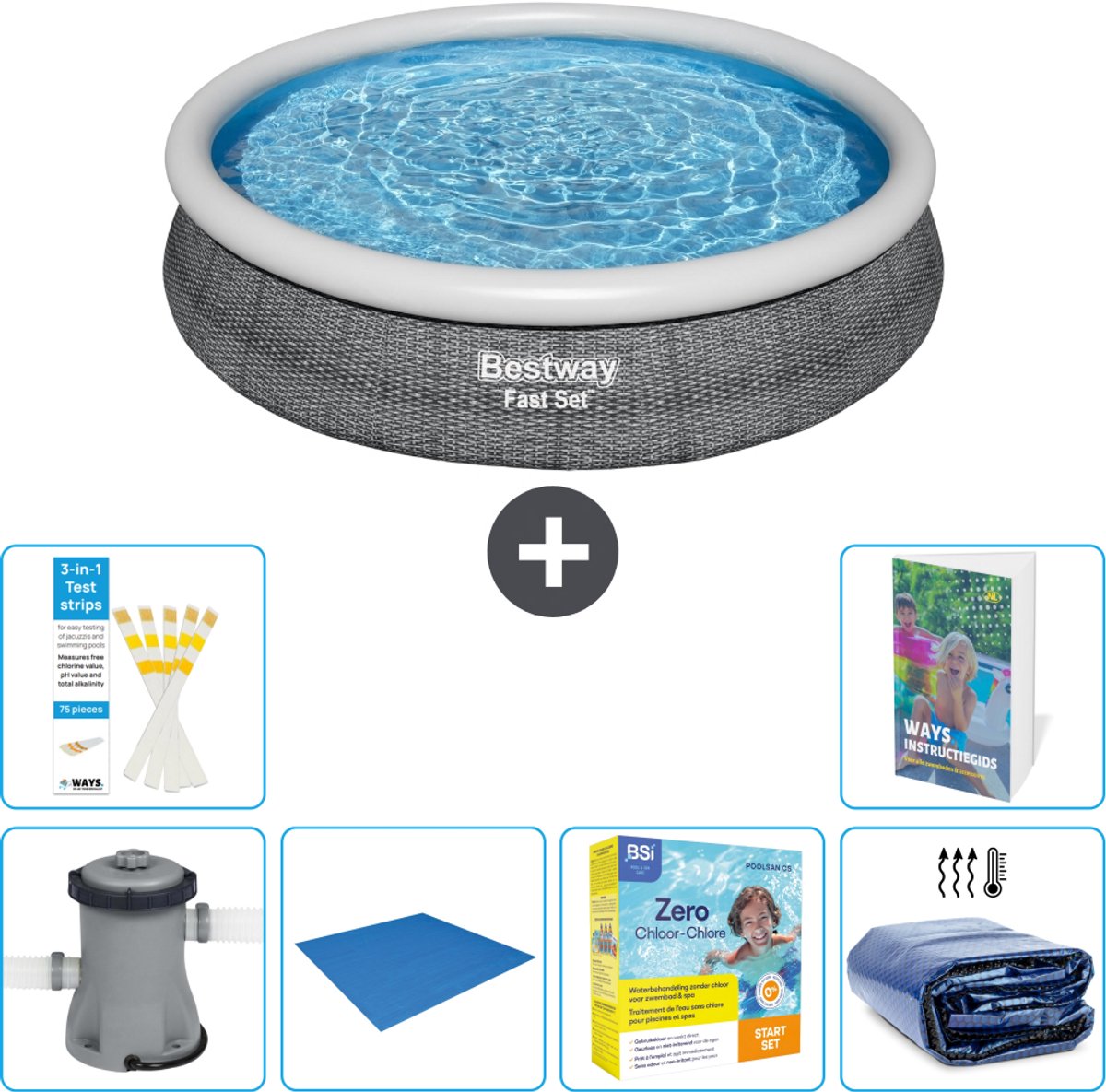 Bestway Rond Opblaasbaar Fast Set Zwembad - Rotanprint - 366 x 76 cm - Inclusief Pomp - Grondzeil - Onderhoudspakket - Solarzeil - 7-delig