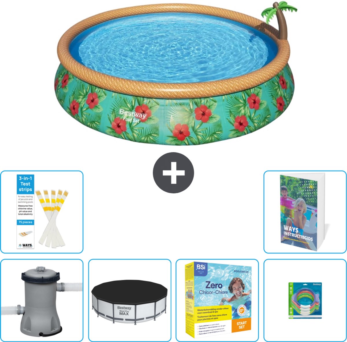 Bestway Rond Opblaasbaar Fast Set Zwembad - Paradijsprint - 457 x 84 cm - Inclusief Pomp - Afdekzeil - Onderhoudspakket - Speelgoed - 7-delig