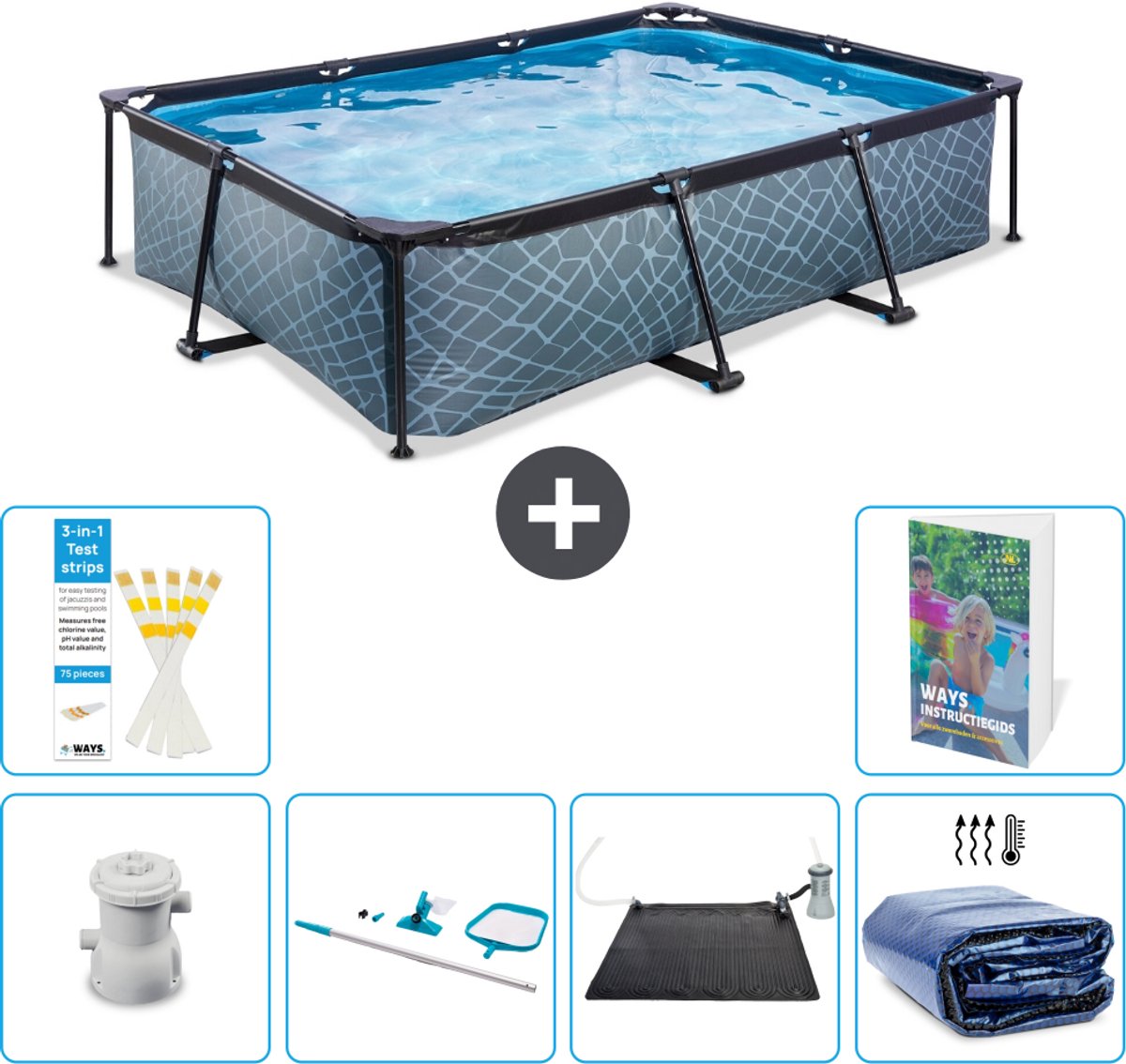 EXIT Rechthoekig Stone Frame Zwembad - 300 x 200 x 65 cm - Inclusief Pomp - Schoonmaakset - Solar Mat - Solarzeil - 7-delig