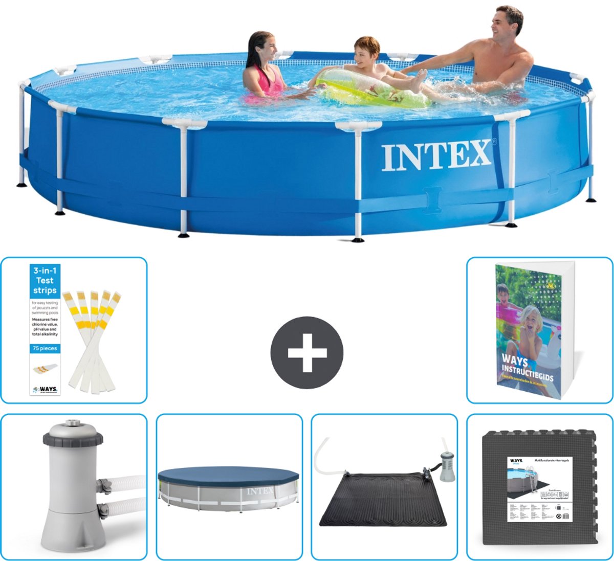 Intex Rond Frame Zwembad - 366 x 76 cm - Blauw - Inclusief Pomp - Afdekzeil - Solar Mat - Vloertegels - 7-delig