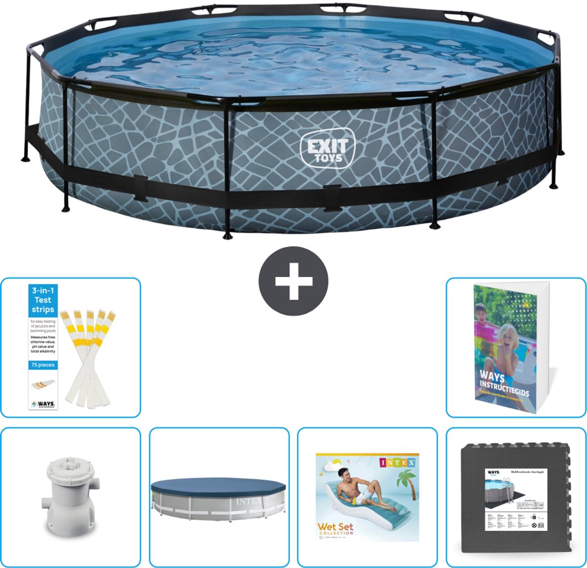 EXIT Rond Stone Frame Zwembad - 360 x 76 cm - Inclusief Pomp - Afdekzeil - Loungebed - Vloertegels - 7-delig