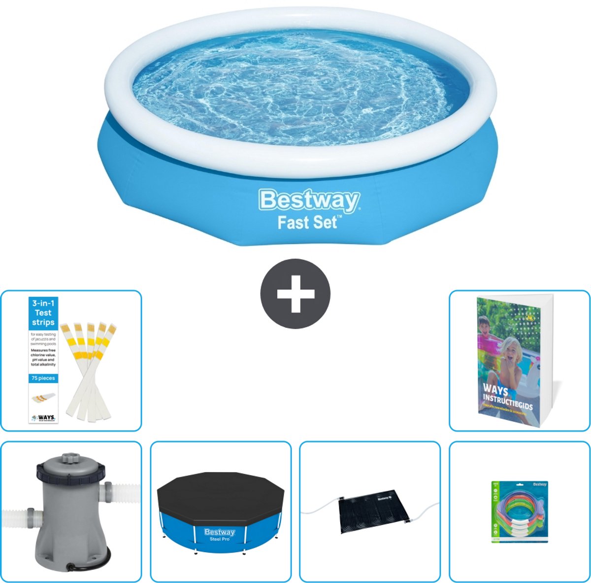 Bestway Rond Opblaasbaar Fast Set Zwembad - 305 x 66 cm - Blauw - Inclusief Pomp - Afdekzeil - Solar Mat - Speelgoed - 7-delig