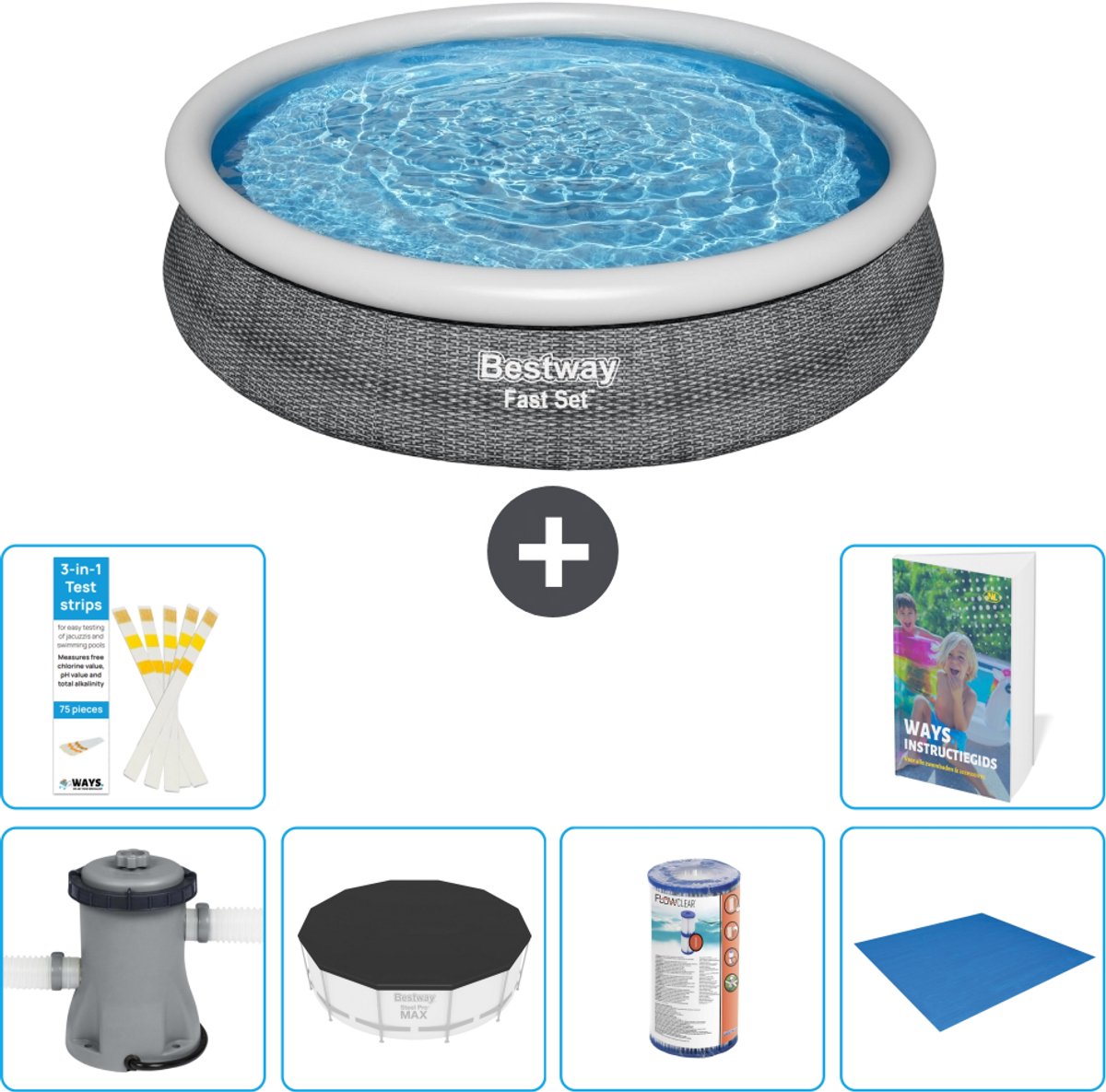 Bestway Rond Opblaasbaar Fast Set Zwembad - Rotanprint - 366 x 76 cm - Inclusief Pomp - Afdekzeil - Filter - Grondzeil - 7-delig