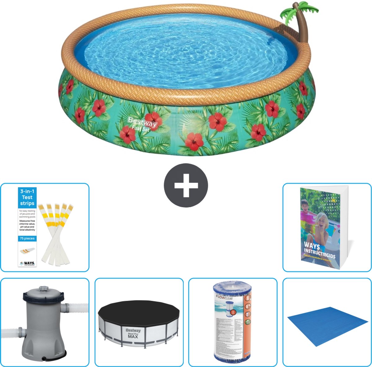 Bestway Rond Opblaasbaar Fast Set Zwembad - Paradijsprint - 457 x 84 cm - Inclusief Pomp - Afdekzeil - Filter - Grondzeil - 7-delig