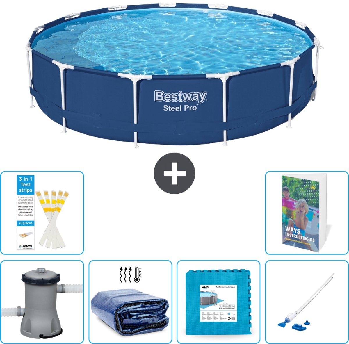 Bestway Rond Steel Pro Zwembad - 396 x 84 cm - Blauw - Inclusief Pomp - Solarzeil - Vloertegels - Stofzuiger - 7-delig