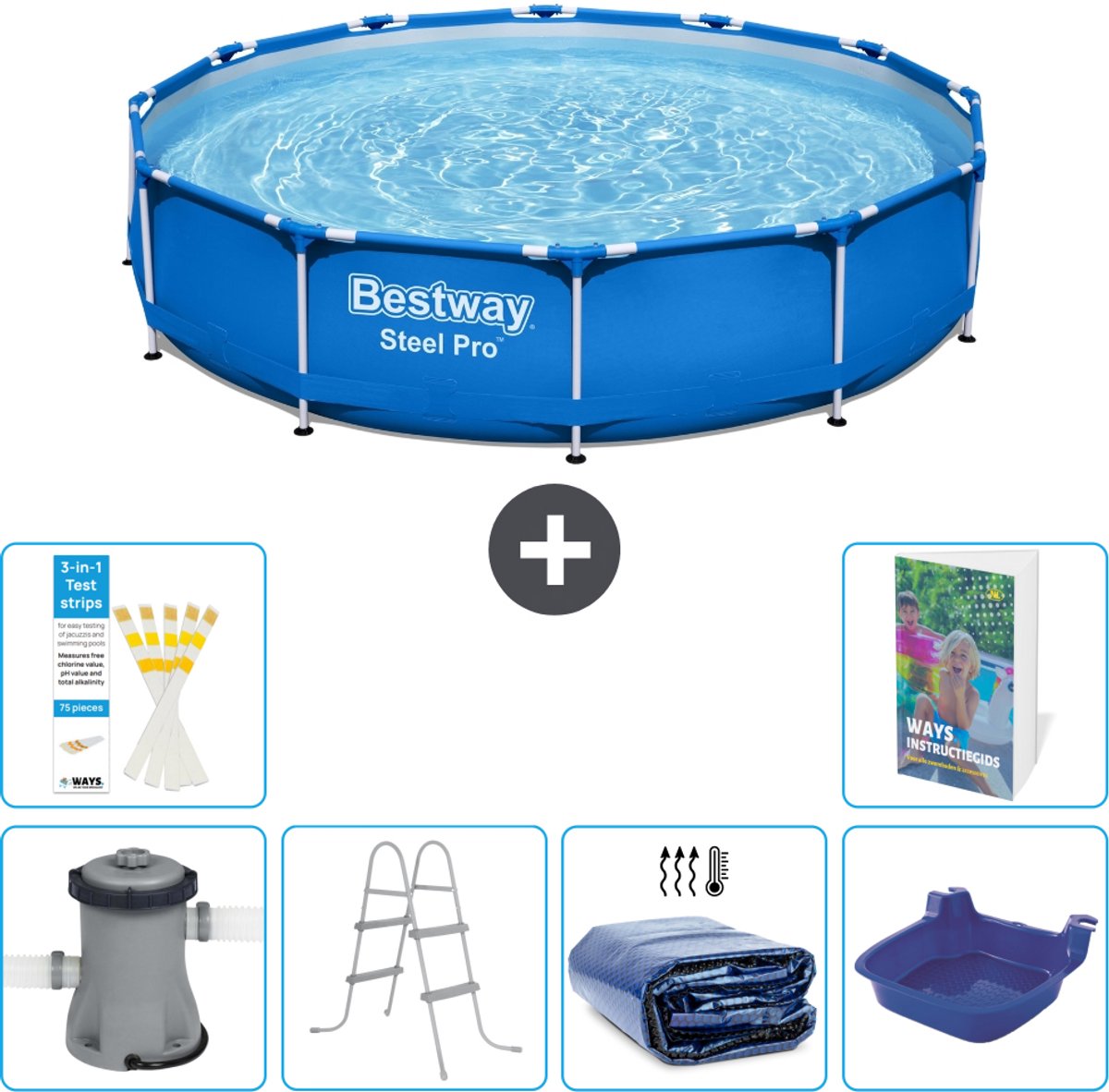 Bestway Rond Steel Pro Zwembad - 366 x 76 cm - Blauw - Inclusief Pomp - Ladder - Solarzeil - Voetenbad - 7-delig