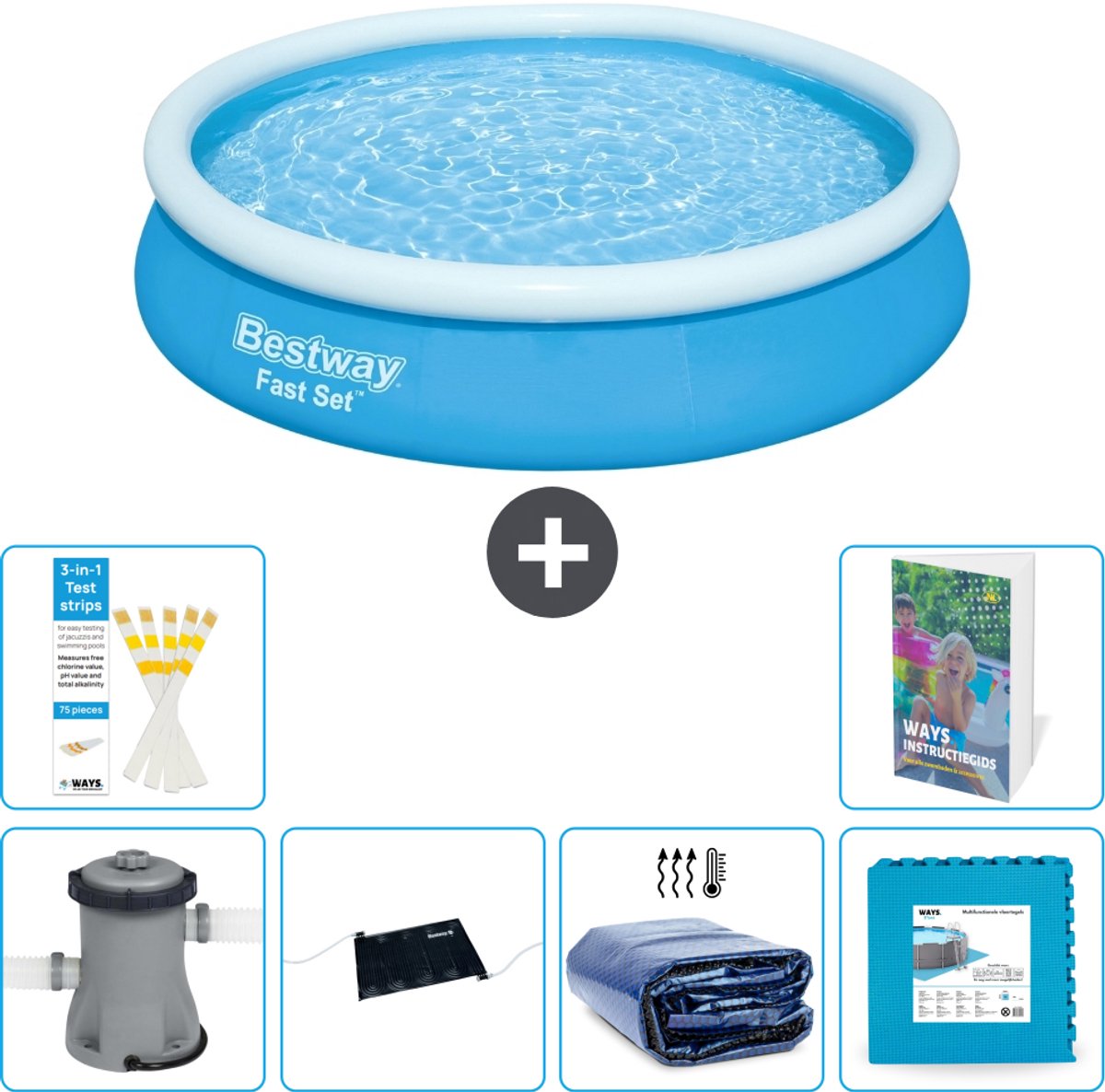 Bestway Rond Opblaasbaar Fast Set Zwembad - 366 x 76 cm - Blauw - Inclusief Pomp - Solar Mat - Solarzeil - Vloertegels - 7-delig
