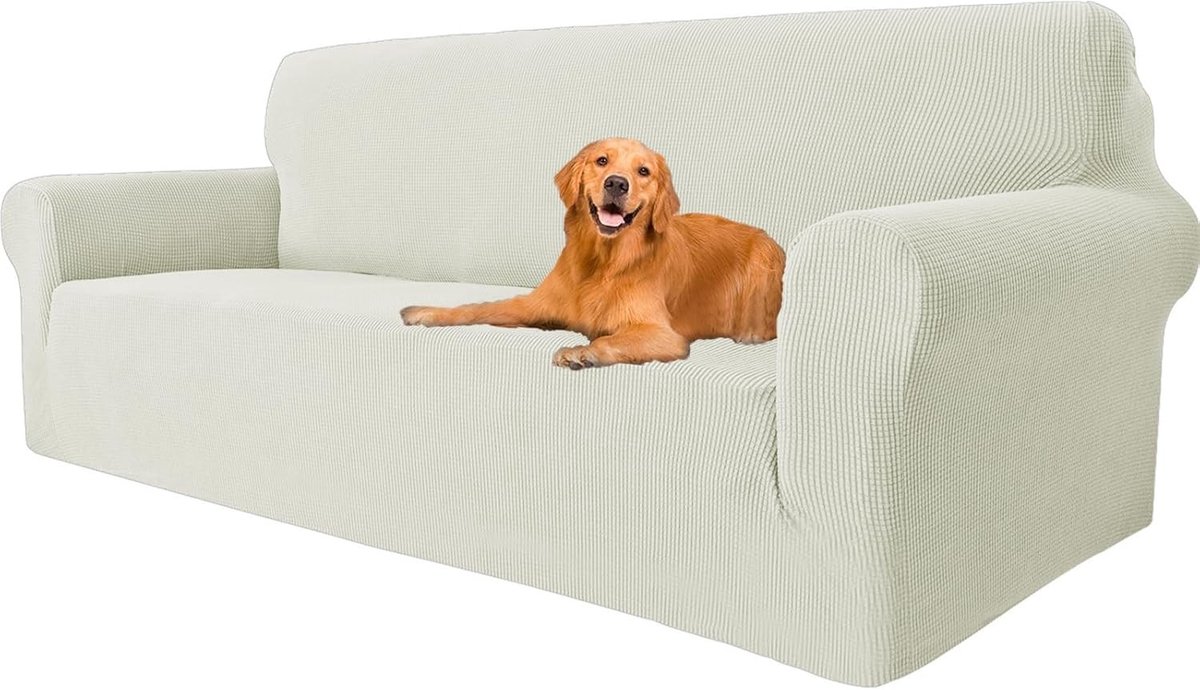 Stretch Sofa Cover voor 3 Zitsbank, Universele Hoes met Armleuningen, Elastische Bescherming voor Woonkamer, Kr scratchbestendig en Diervriendelijk in Natuurlijk Wit