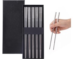 SnelShoppen - Eetstokjes van metaal, herbruikbaar, vaatwasmachinebestendig, antislip, voor sushi, Aziatische keuken, 5 paar, roestvrij staal 304, eleg