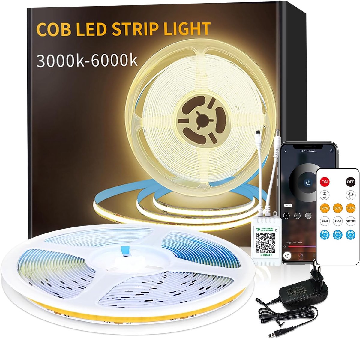SnelShoppen - COB LED Strip 20 m 3000 K Warm Wit met App Besturing en Afstandsbediening | Dimbare 24V Flexibele COB LED Strip Set voor Heldere Ondermo
