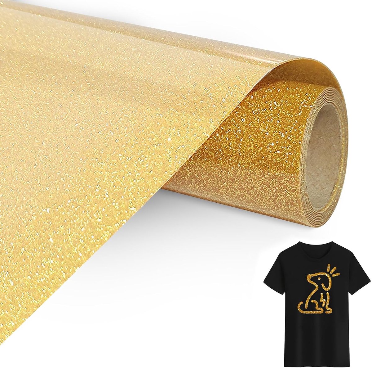 Goud Glitter Opstrijkbare Vinylrol Voor Stoffen, 30.5cm X 152cm Glitter Iron On Heat Transfer Vinyl met Wiedgereedschap, Opstrijkbare Flex Voor Stoffen, T-Shirts (Goud)