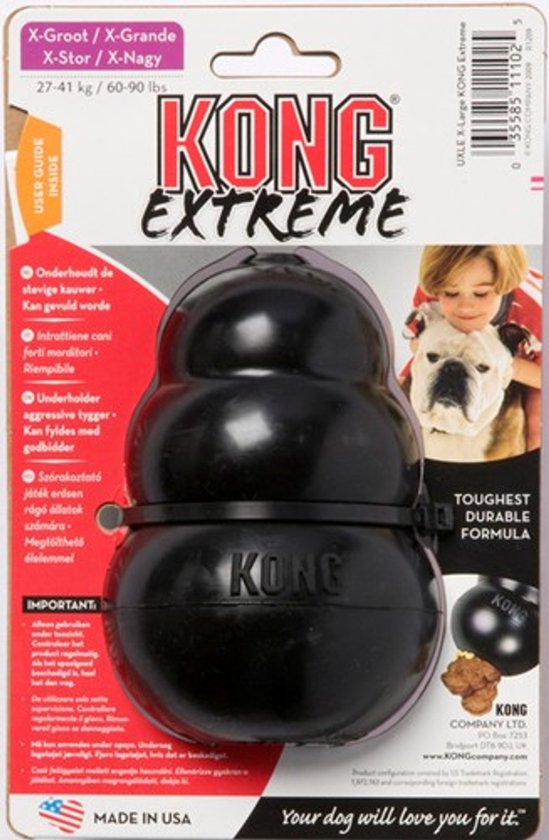 Zwarte KONG Extreme bal, maat XL, voor honden van 27-41 kg. "Toughest durable formula".