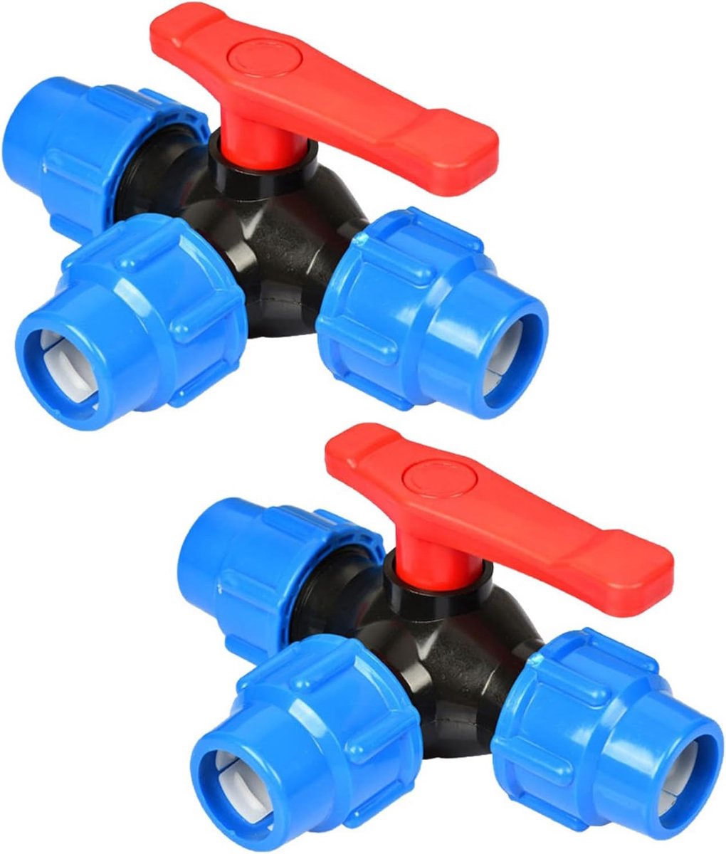 2 stuks 3-weg PP-fitting, BetterJonny PE-fitting kogelkraan 3-voudig 20mm buiskogelkraan kunststof klemverbinder 3-weg buiskogelkraan klemventiel kogelventiel afsluitventiel voor PE-buis 20mm