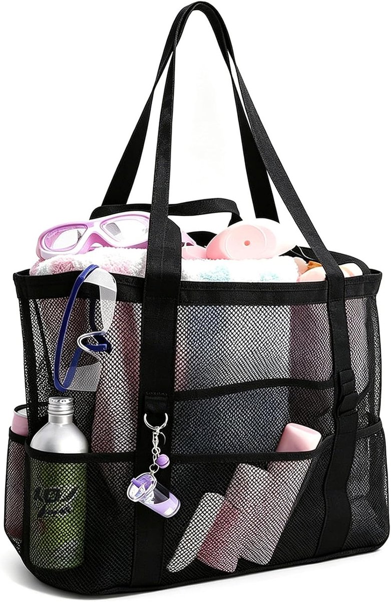 strandtas, Extra grote Mesh Strand Tote tas, lichtgewicht oversized zwembad tassen met 8 zakken voor vrouwen en mannen, Opvouwbare vakantie reis Essentials strand accessoires