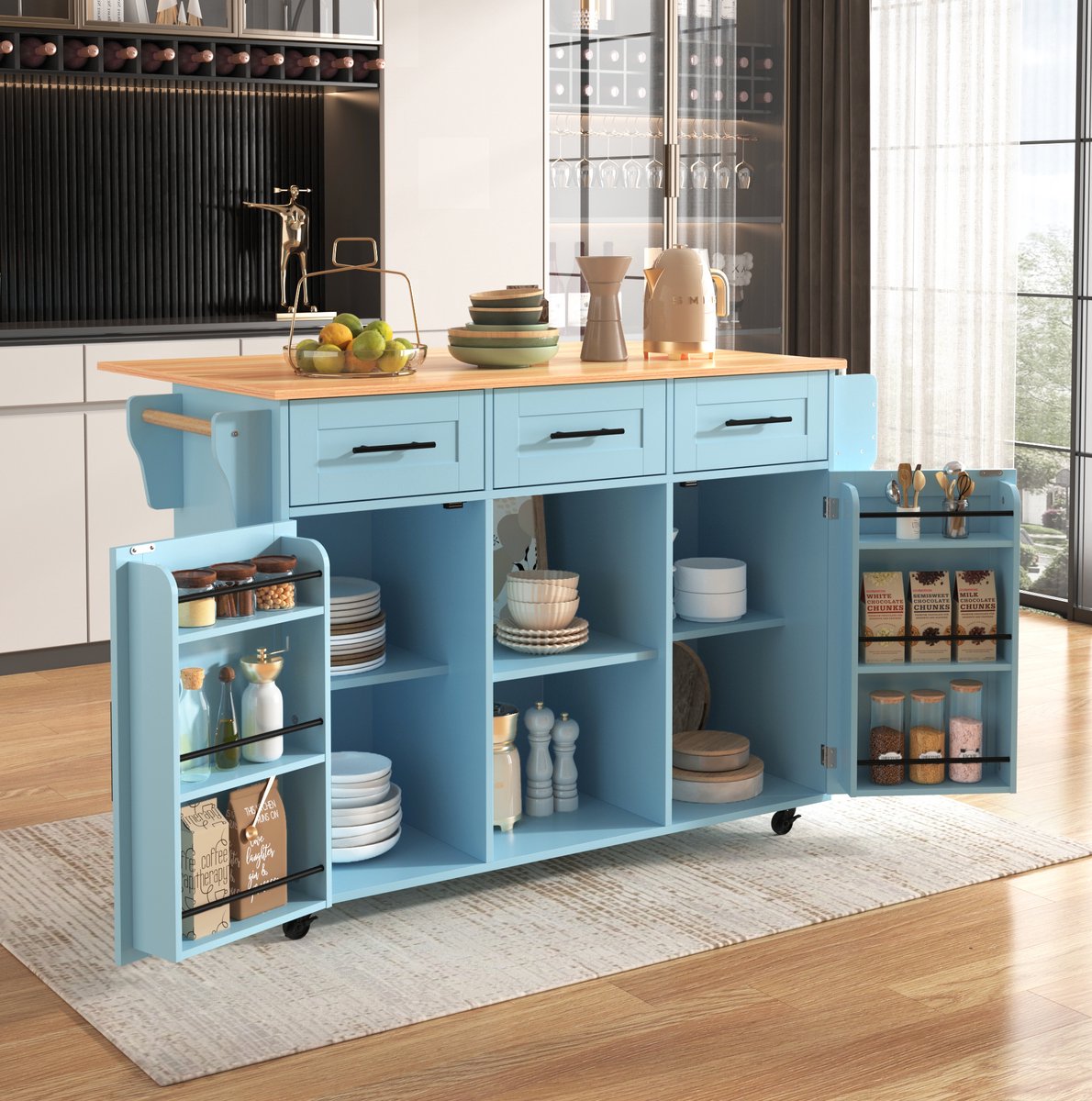 Keukeneiland Keukenwagen – 139x46(71)x91,5 cm – Opklapbaar Werkblad – Spanplaat – Blauw – Op Wielen