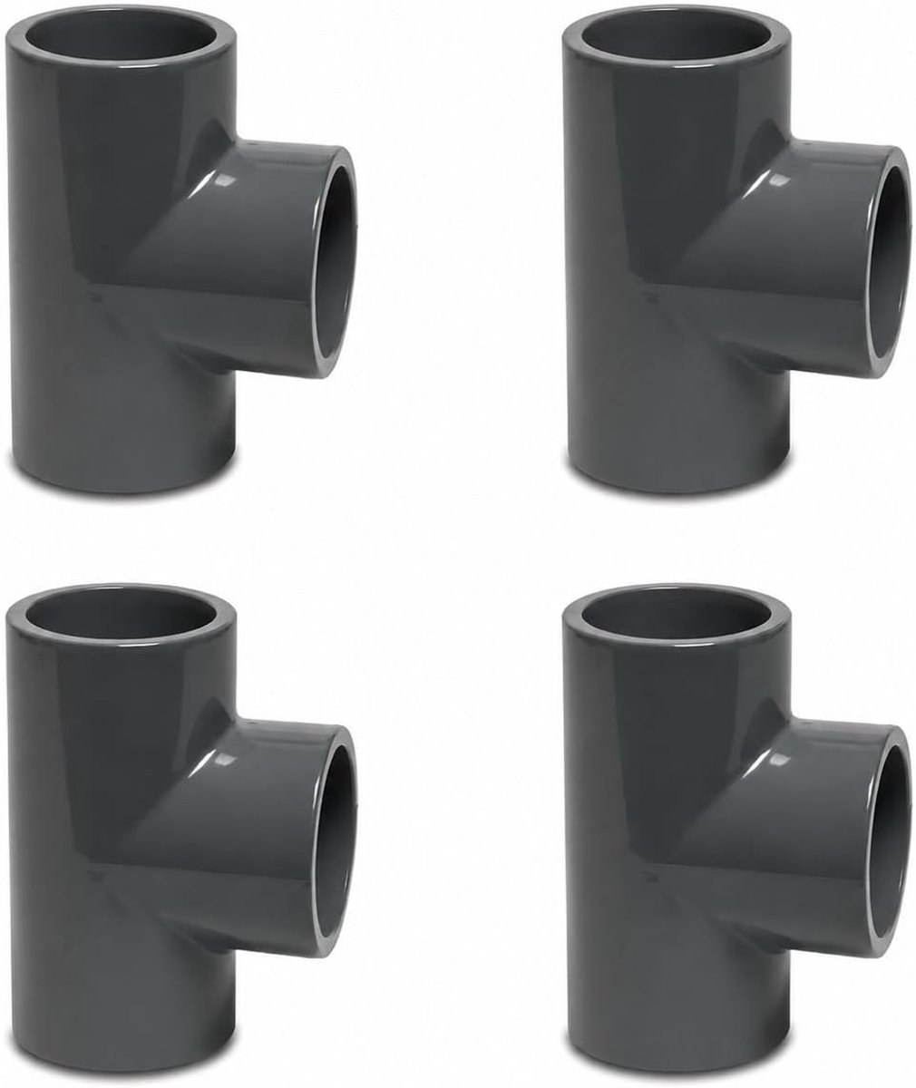 4 stuks PVC T-stuk 90° | 50 mm | kleefmof | PVC-U | 10 bar | grijs | buisverbinder voor zwembad, watertechniek en irrigatie (4 stuks)