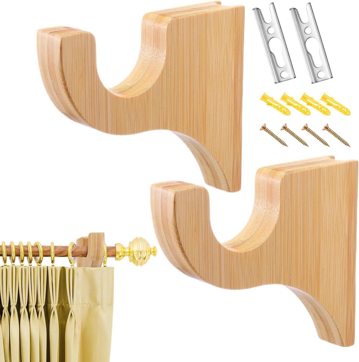 Haken Gordijnroede - Gordijnroede Beugels - Vensters Aankleden - Massief Houten Constructie - 2 stuks - Houtkleur