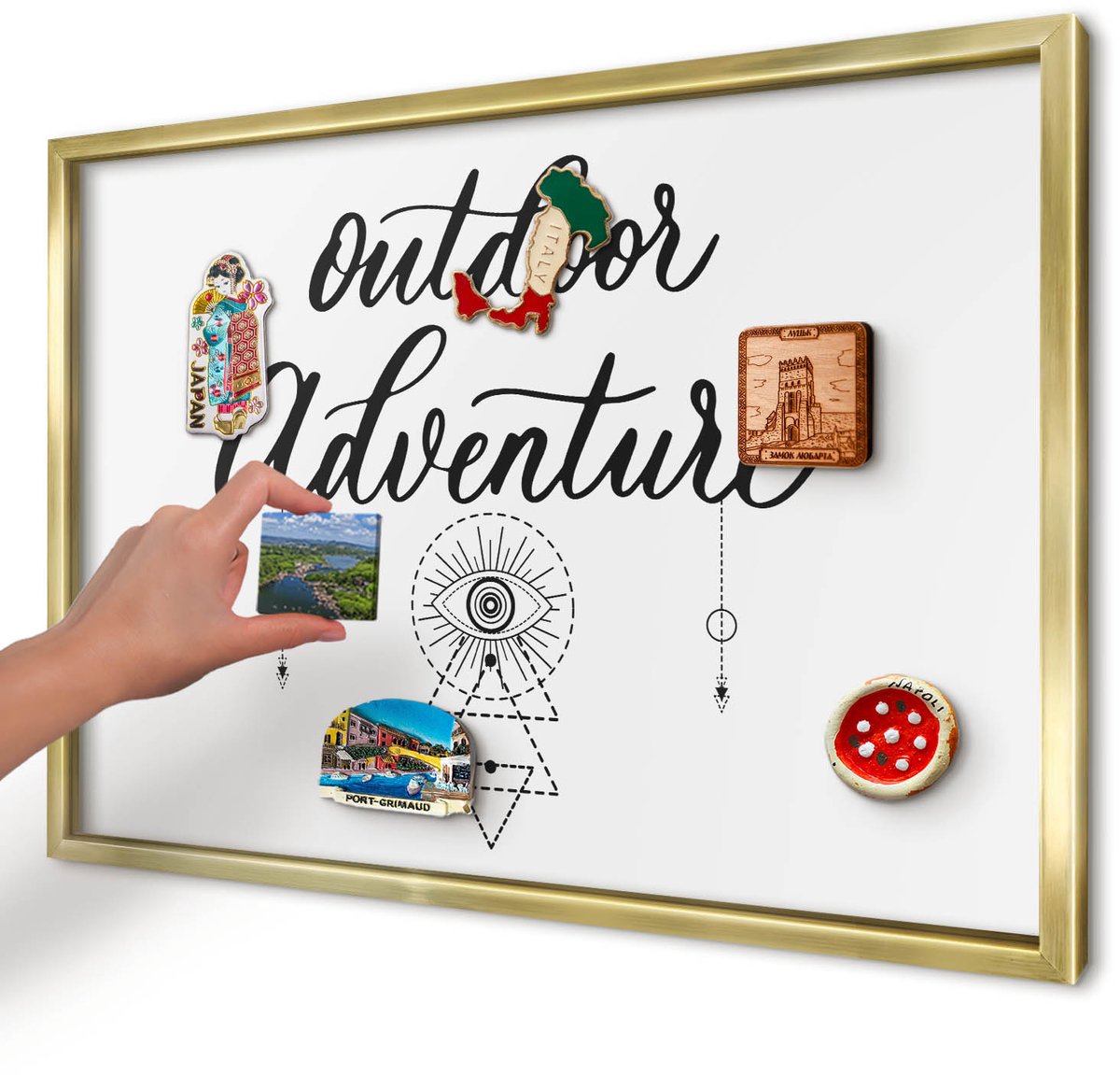 Artprintcave Wit Magneetbord mit Gouden Frame - 60x40 cm - Buitenavontuur Magneetbord Voor Keuken - Typografisch Memobord Keuken - Teksten