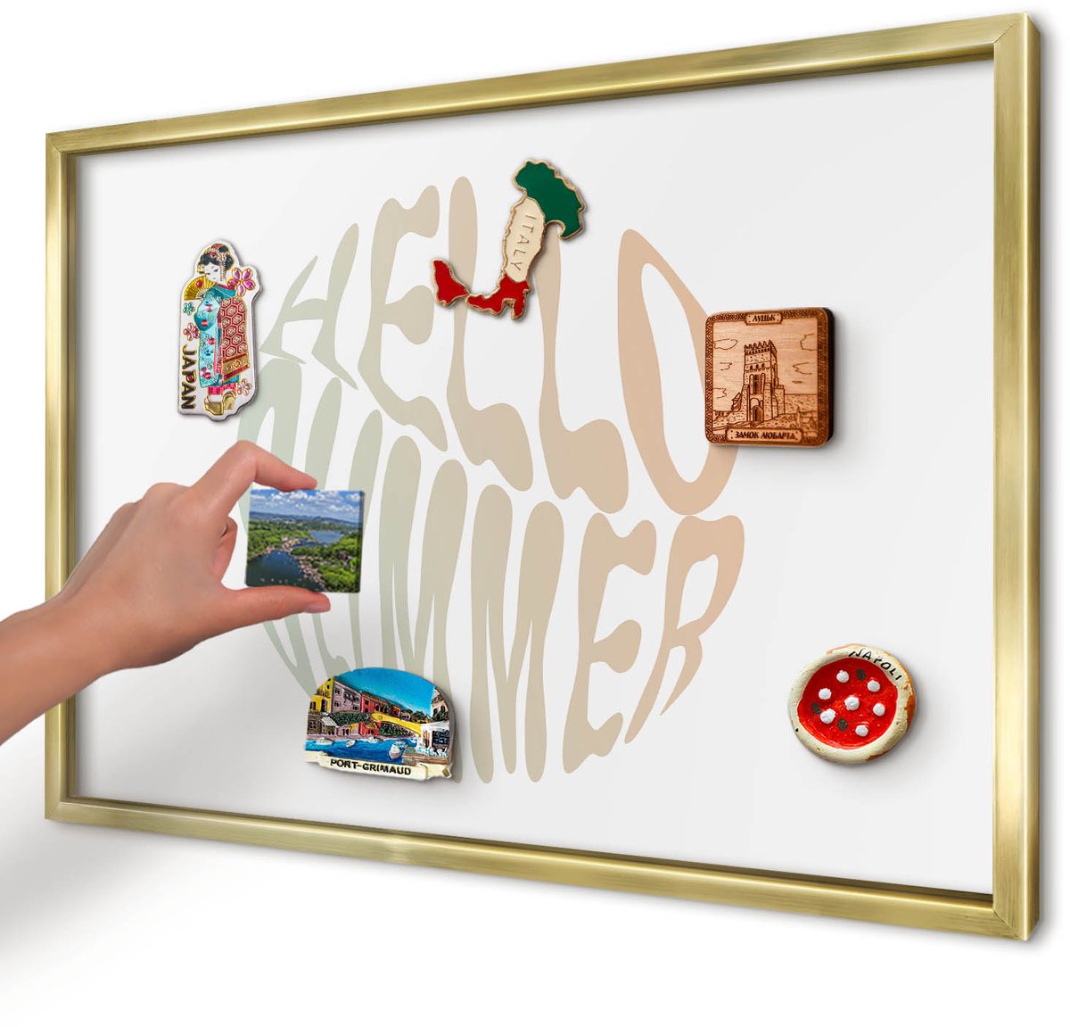 Artprintcave Wit Magneetbord mit Gouden Frame - 60x40 cm - Hallo Zomer Notitiebord - Typografisch Bord Voor Magneten - Texturen