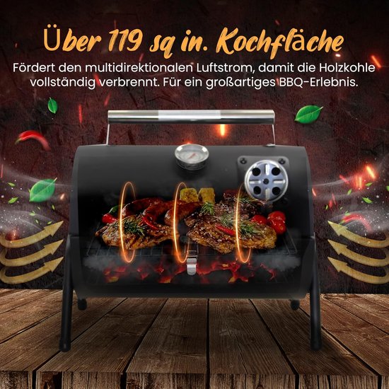 SnelShoppen - Compacte Houtskool Barbecue, Smoker, Draagbare en Vouwbare Cilindrische Barbecue voor Camping, RVS Handvat, Thermometer, Barbecue Rooste van snelshoppen — afbeelding 2