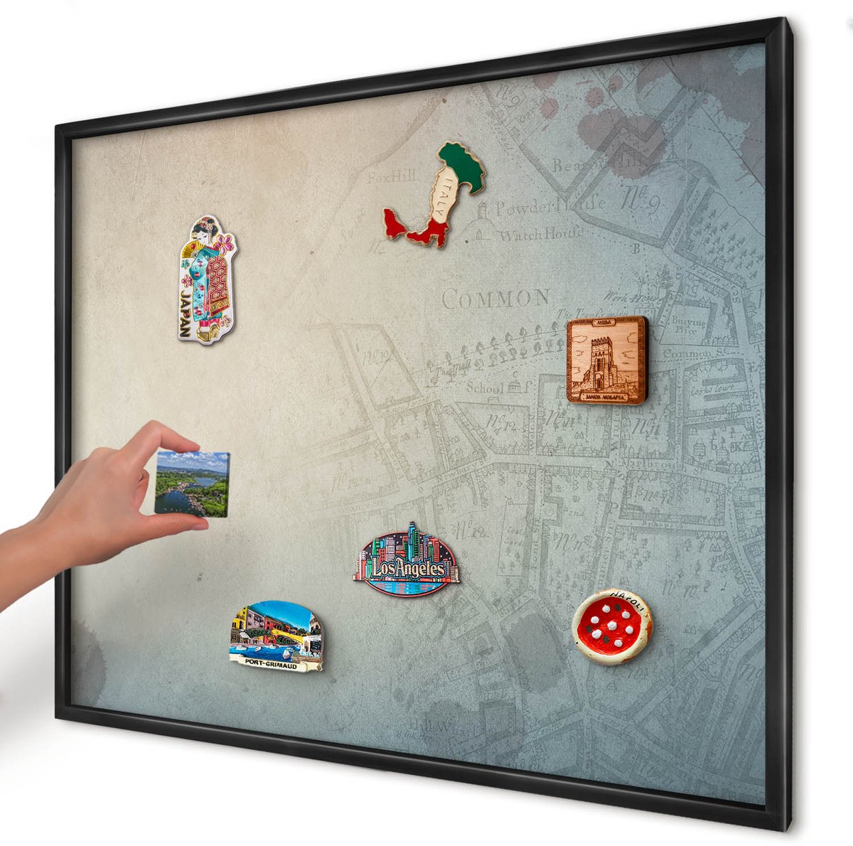 Artprintcave Beige Magneetbord mit Zwart Frame - 80x60 cm - Oude Kaart Notitiebord - Vintage Memobord Keuken - Kaarten