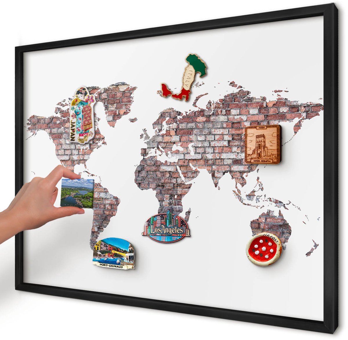 Artprintcave Wit Magneetbord mit Zwart Frame - 70x50 cm - Baksteenwereld Bord Voor Magneten - Industrieel/Loft Memobord Keuken - Kaarten