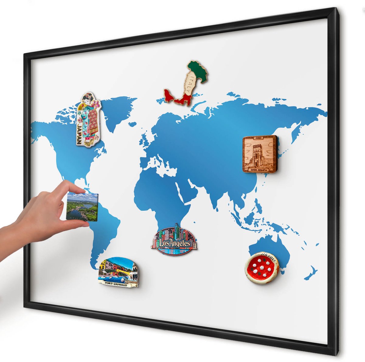 Artprintcave Blauw Magneetbord mit Zwart Frame - 80x60 cm - Wereldkaart Magneetbord Voor Keuken - Modern Memobord Keuken - Kaarten