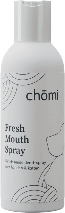Witte fles Chōmi Fresh Mouth Spray met verfrissende denti-spray voor honden & katten.
