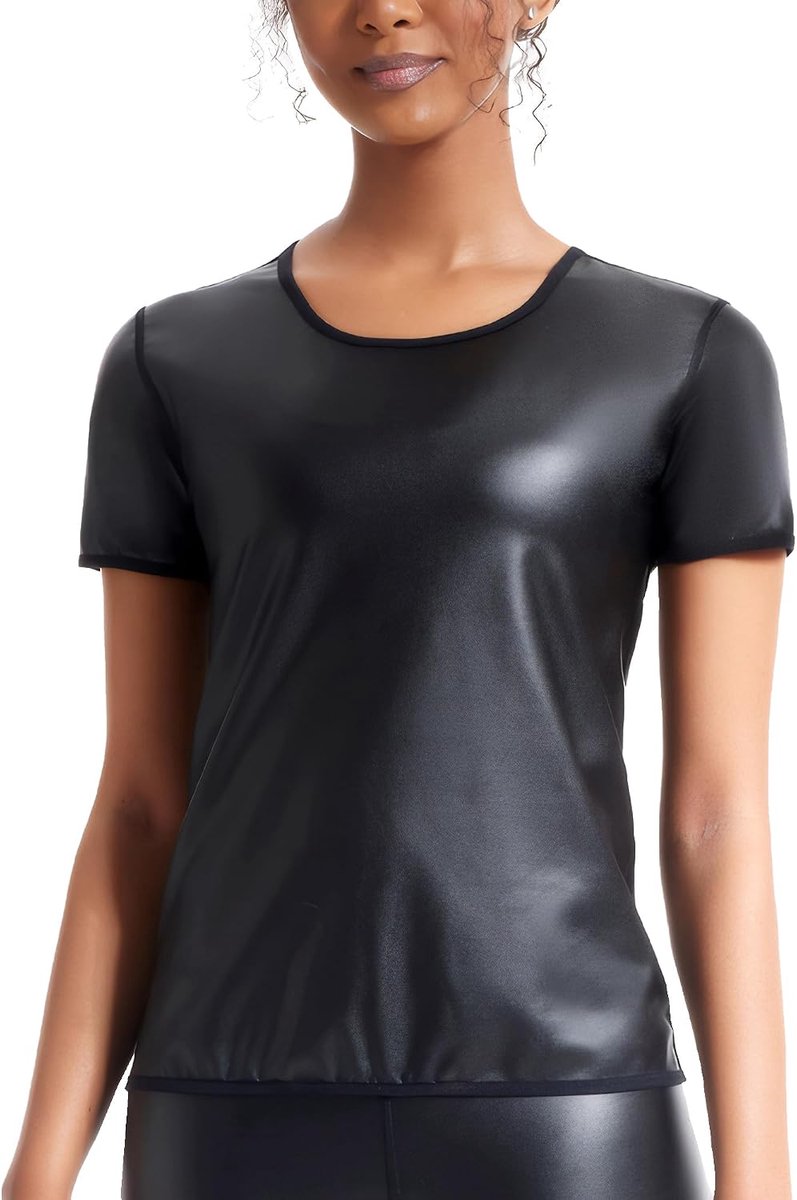 PU-top voor dames, PU-top, wetlook, PU-T-shirt, vest, kunstleer, tanktop, hoge/ronde hals, mouwloos, cami-shirt, feest, dansvest, clubwear, tanks, T-shirt, zwart