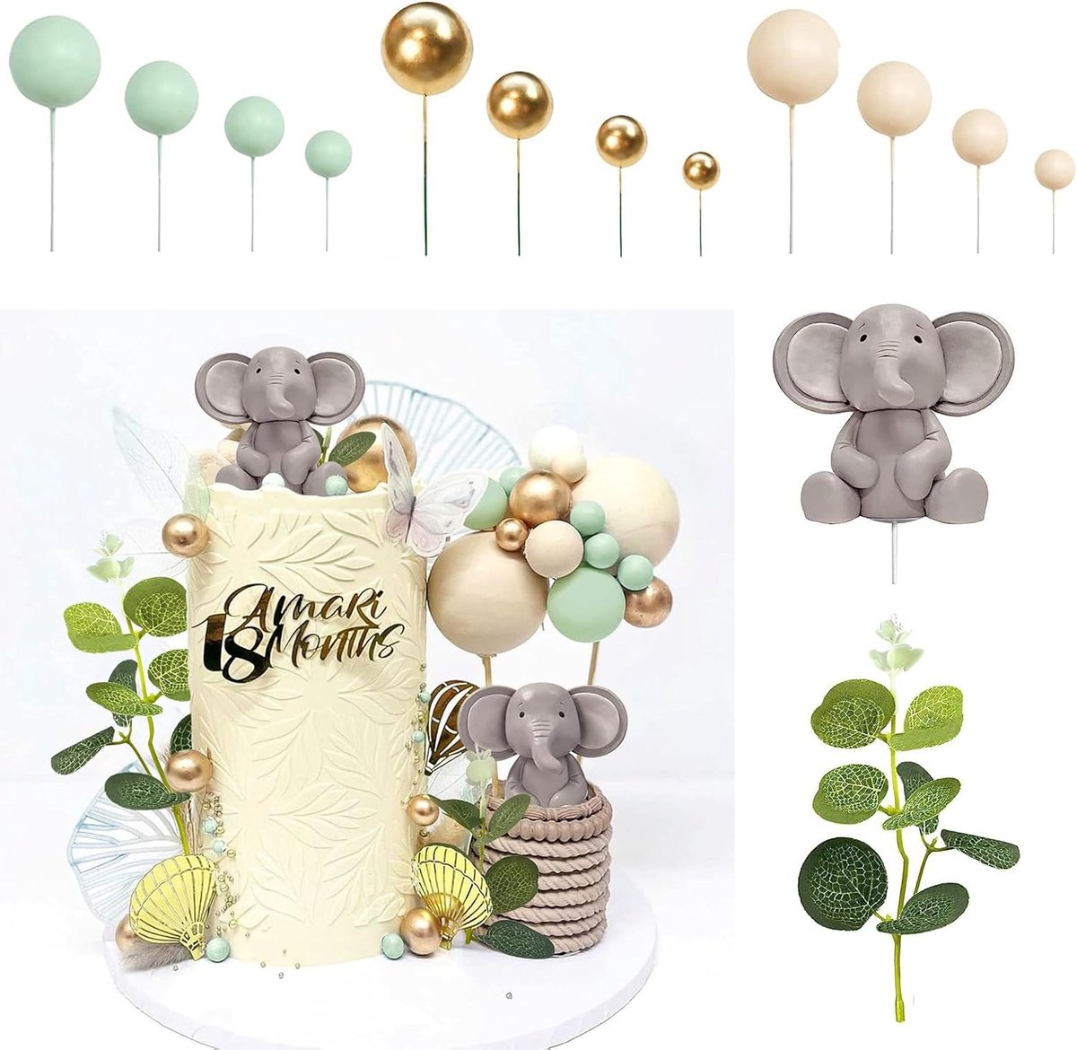 26 stuks saliegroene schattige olifantenbaby-cakedecoraties voor babypartys feestartikelen voor geslachtsopenbaring Cake decoratie ballen taartdecoratie