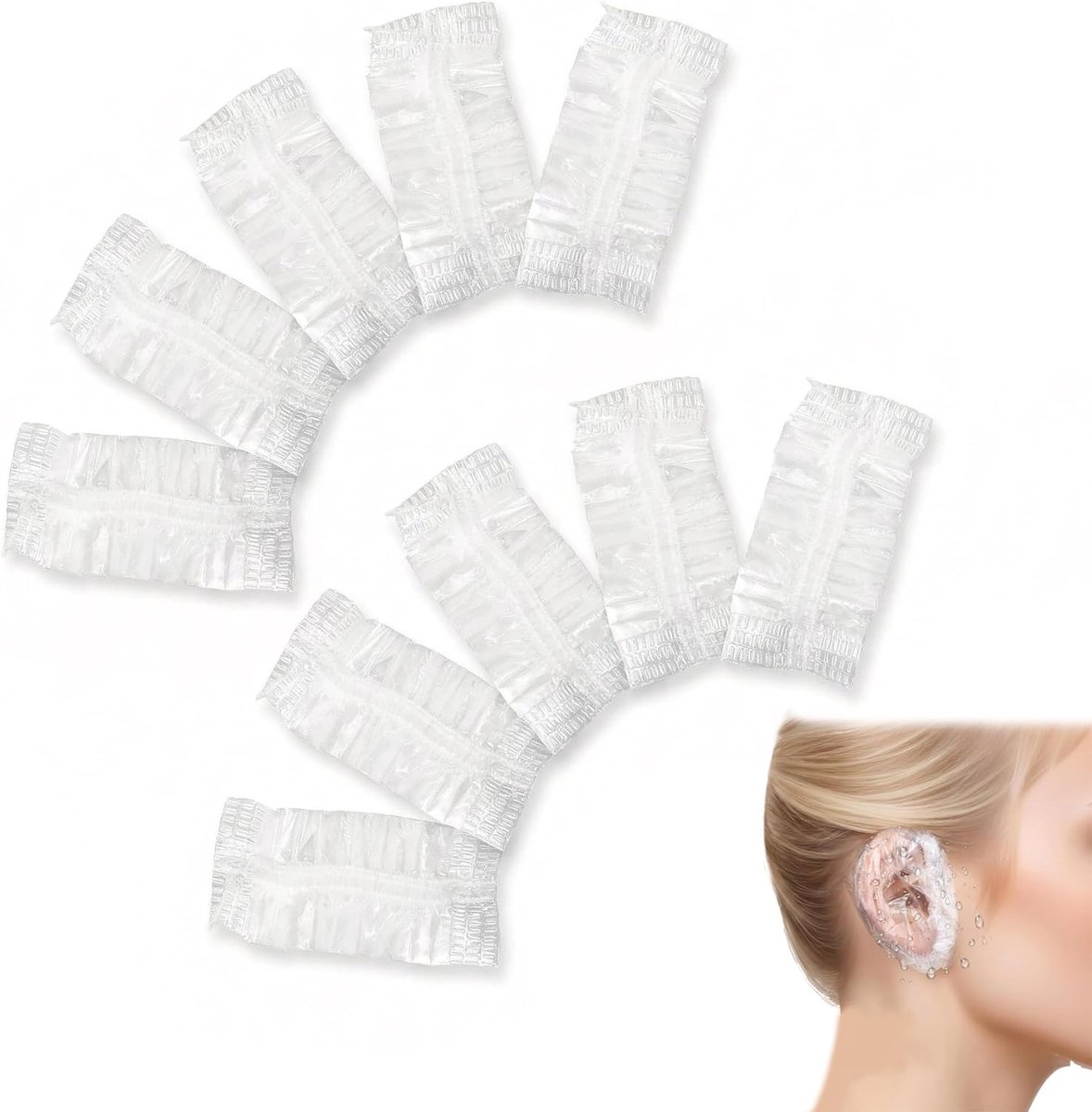 100 wegwerp-oorbedekkers, waterdichte heldere plastic oordoppen met super elastische banden, ideaal voor douche, spa, kapperszaak, haarkleuring, thuis- en hotelgebruik