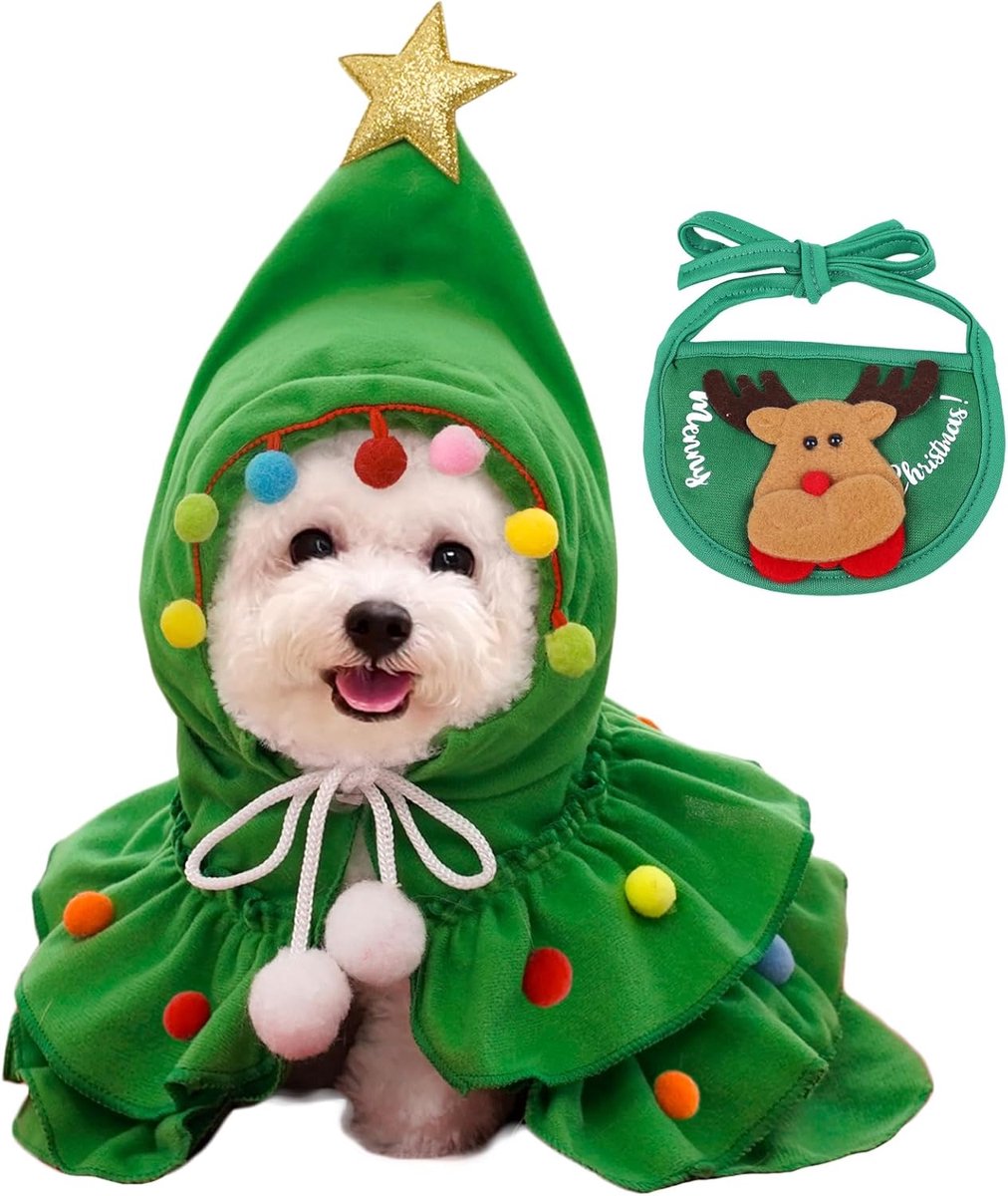 Hondenkostuum voor Kerstmis, hondenoutfit met elandhanddoek, klein hondencadeau, cosplay feestkostuum voor puppy kitten (groen)