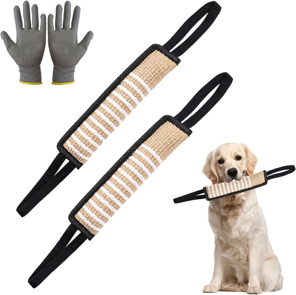 Set van 2 bijtstoppers voor honden, jute, extra robuust, voor K9-training, met twee lussen, 30 cm, 1 paar beschermende handschoenen