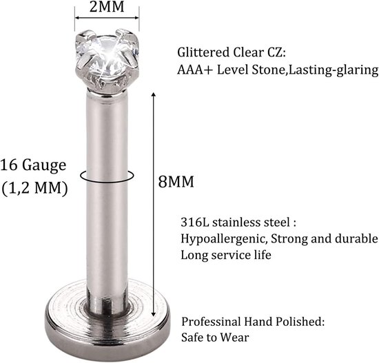 16G 6mm/8mm Bar 2/3/4mm Cubic Zirconia Gem Oor Kraakbeen Tragus Helix — afbeelding 3