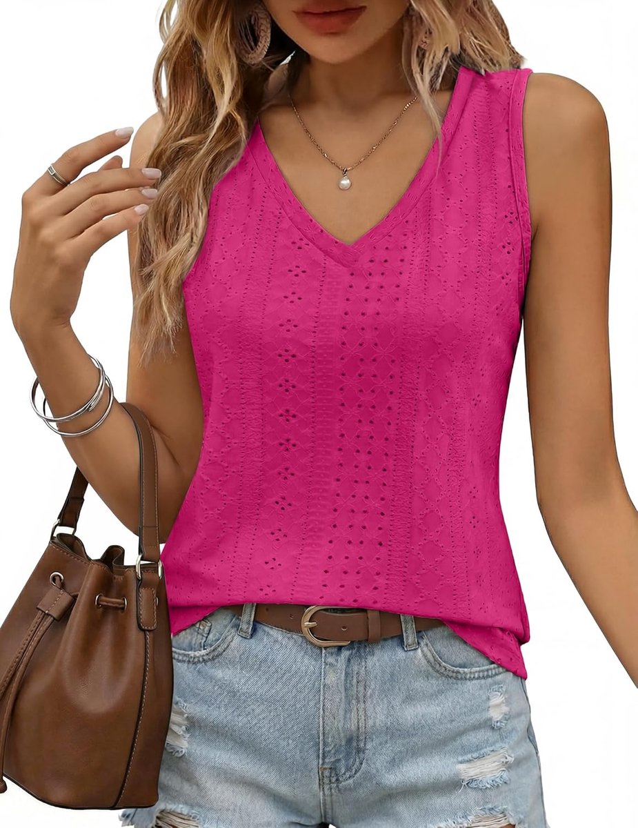 Elegante damestop met V-hals en V-hals, mouwloos, casual, zomertop met ogen, basic bovenstuk